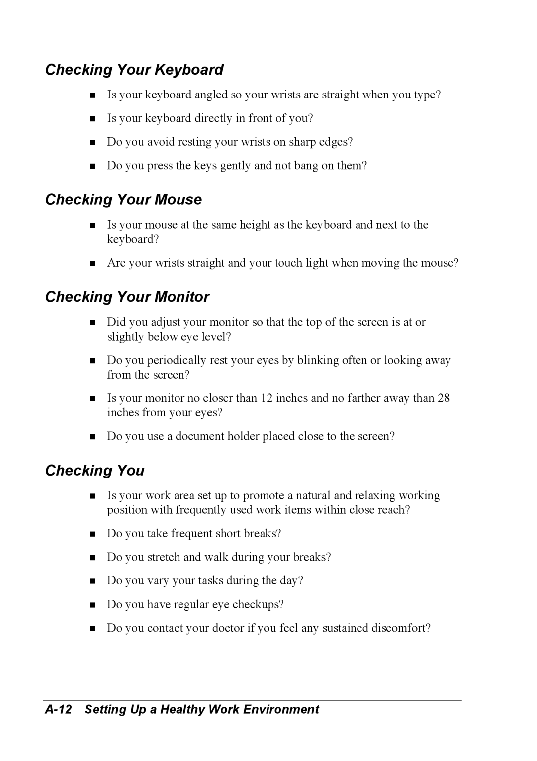 NEC 2000 manual Checking Your Keyboard, Checking Your Mouse, Checking Your Monitor 