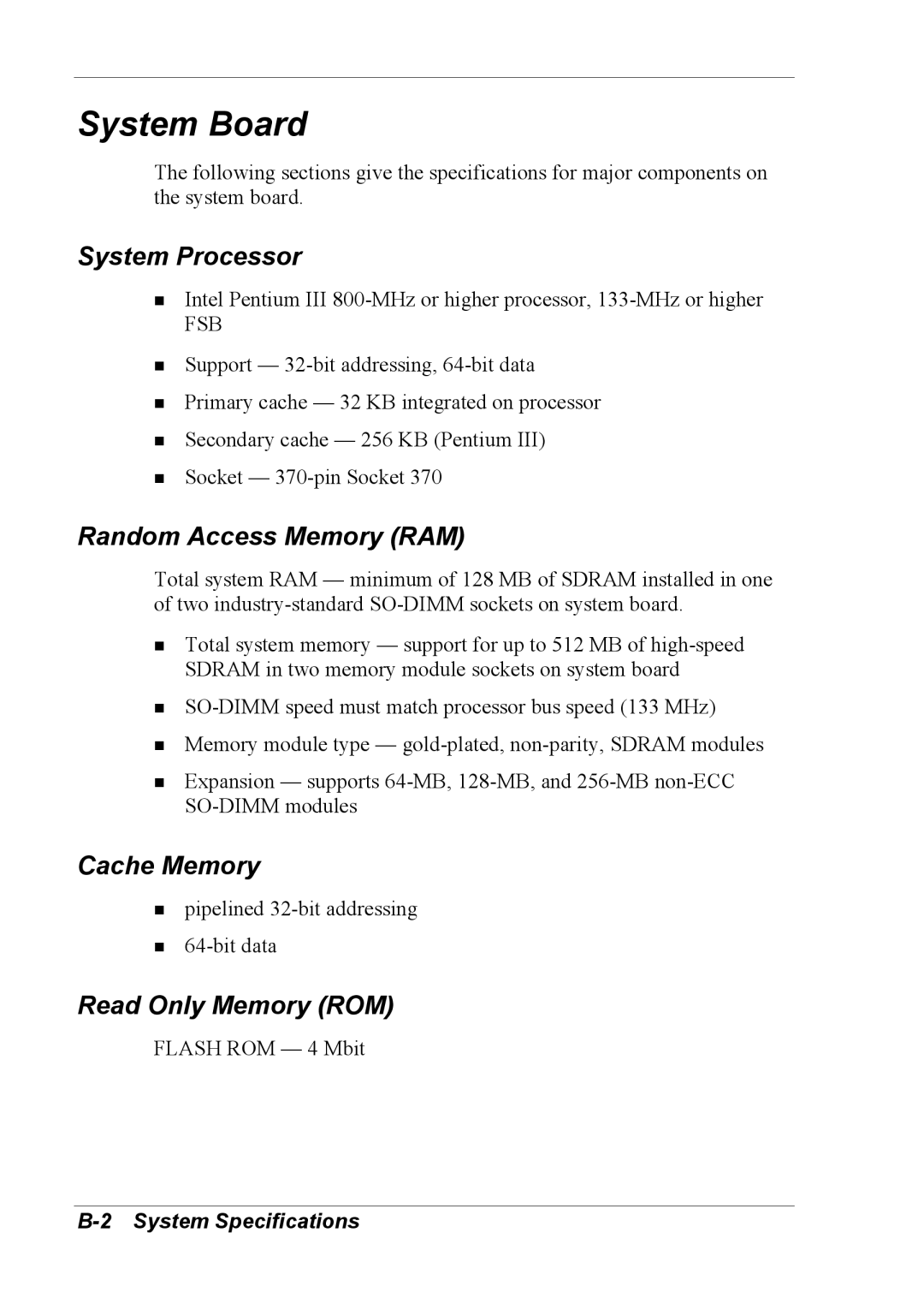 NEC 2000 manual System Board, System Processor, Random Access Memory RAM, Cache Memory, Read Only Memory ROM 