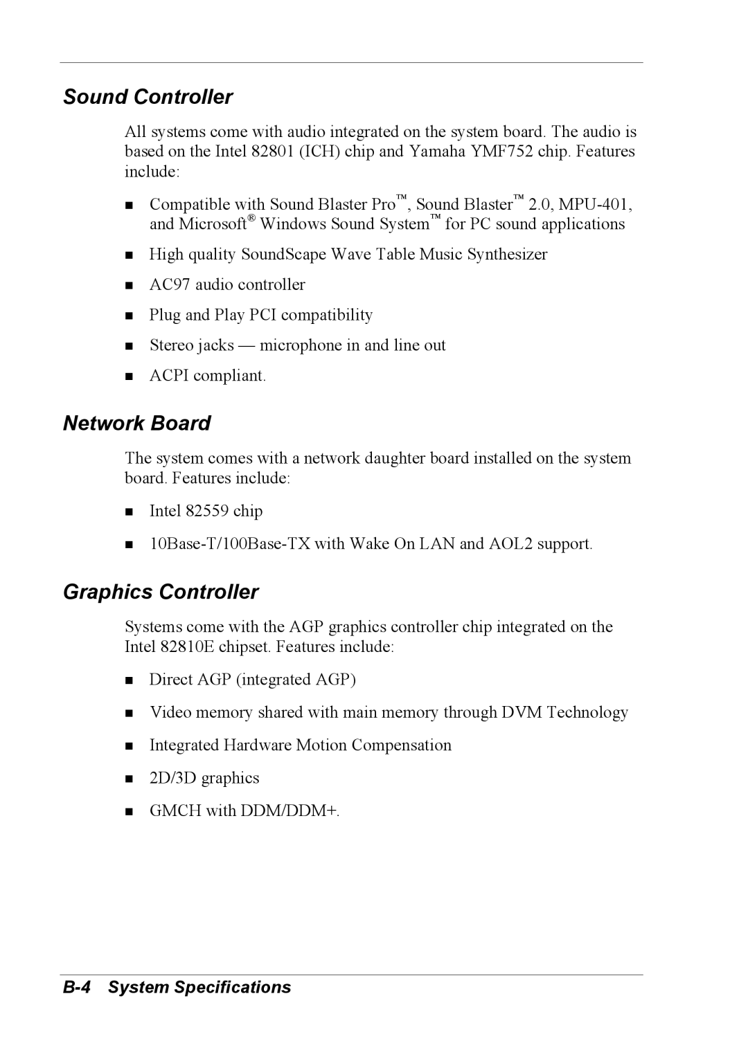 NEC 2000 manual Sound Controller, Network Board, Graphics Controller 