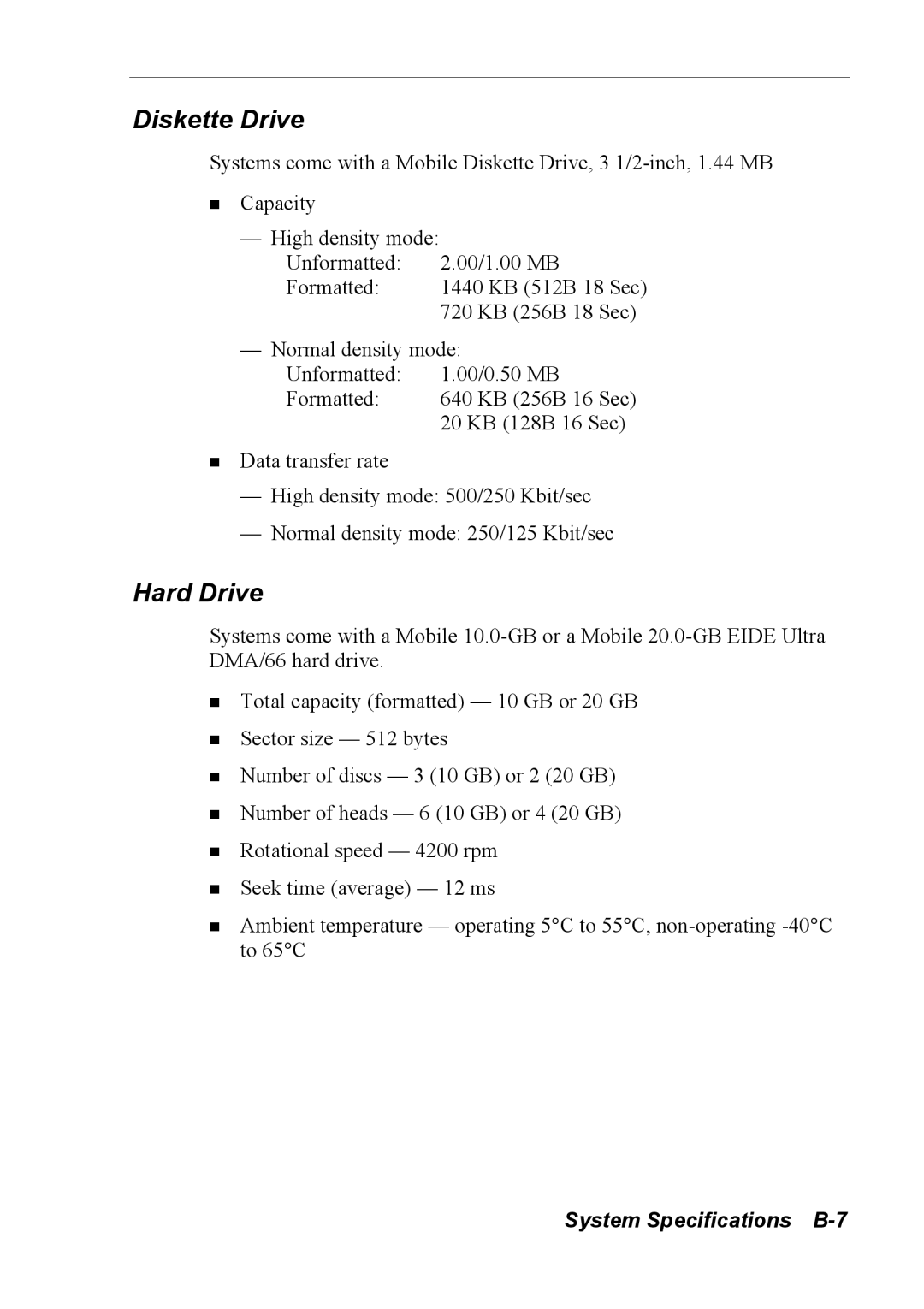 NEC 2000 manual Diskette Drive, System Specifications B-7 