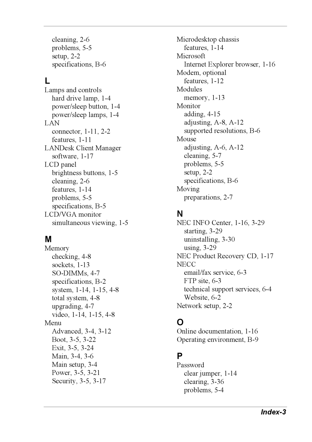 NEC 2000 manual Lan, Index-3 