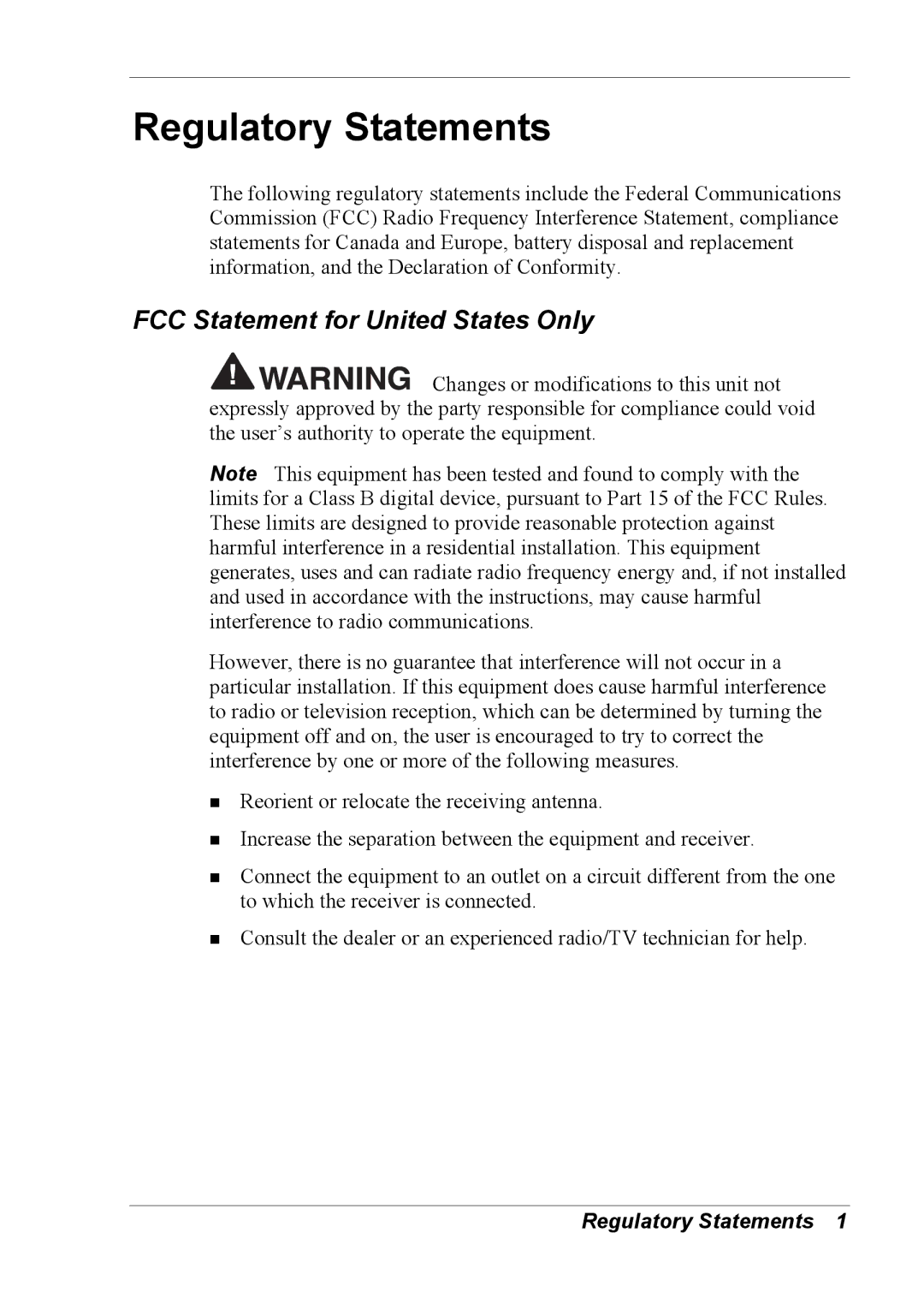 NEC 2000 manual Regulatory Statements, FCC Statement for United States Only 