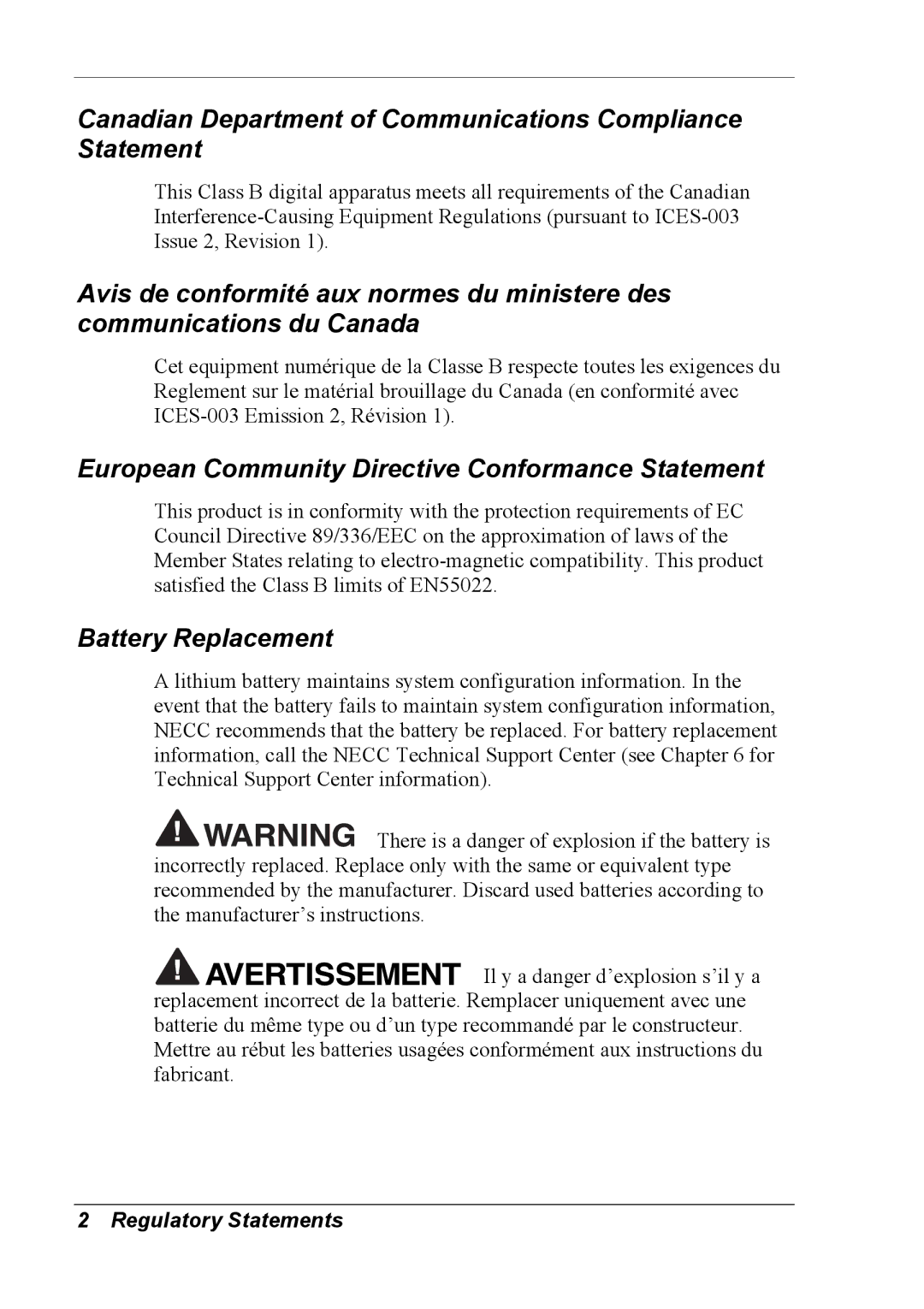 NEC 2000 Canadian Department of Communications Compliance Statement, European Community Directive Conformance Statement 