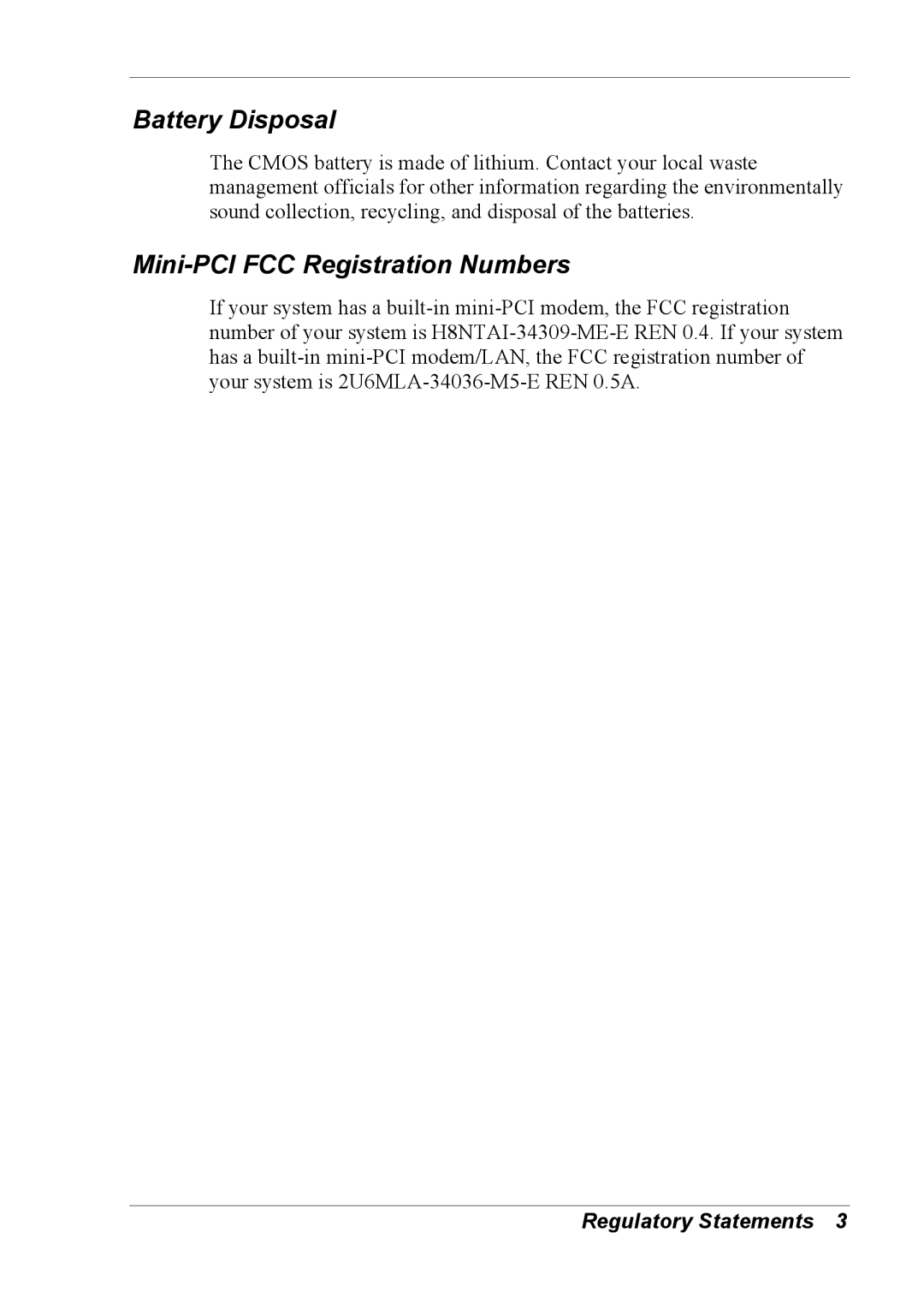 NEC 2000 manual Battery Disposal, Mini-PCI FCC Registration Numbers 