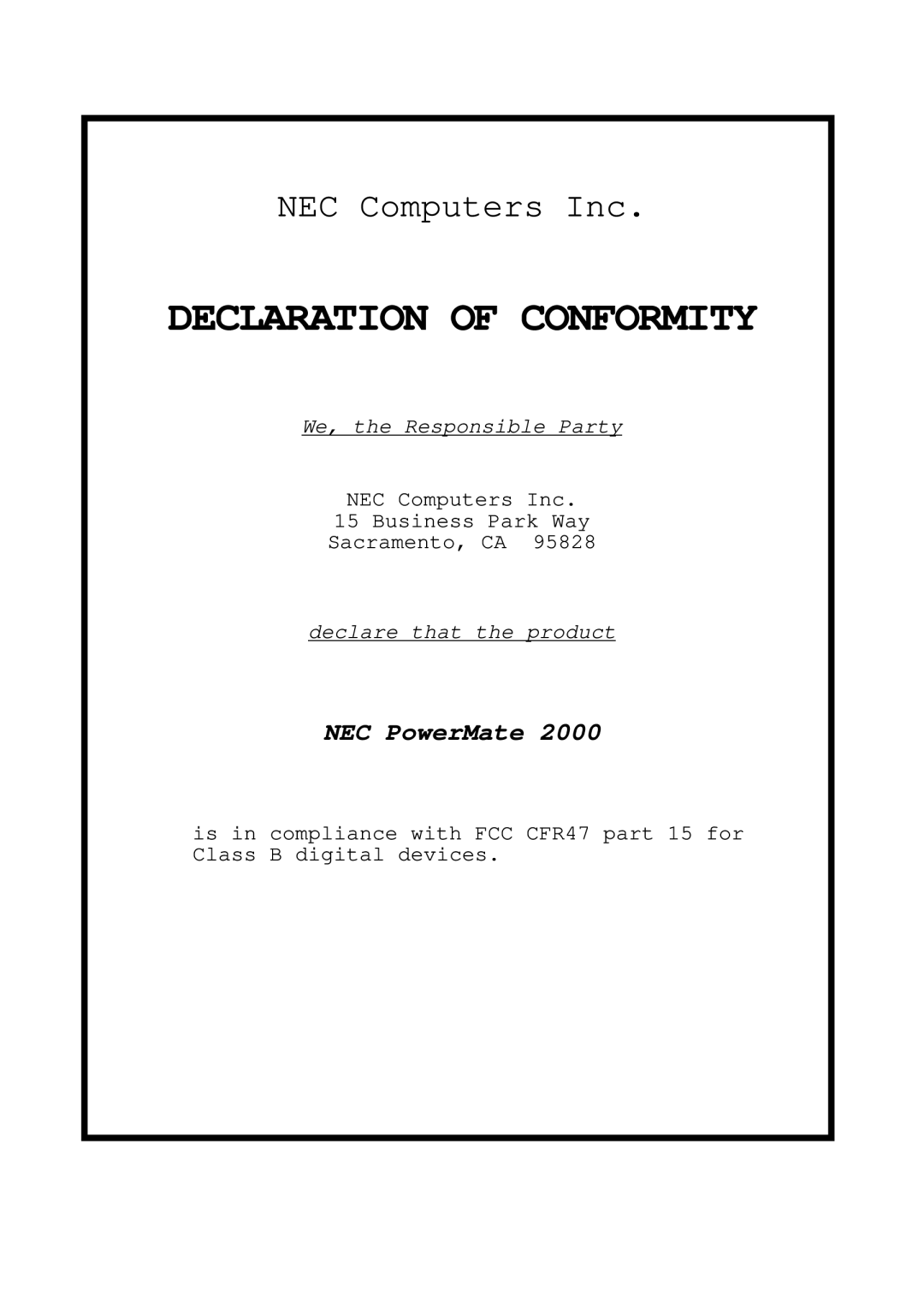 NEC 2000 manual Declaration of Conformity 