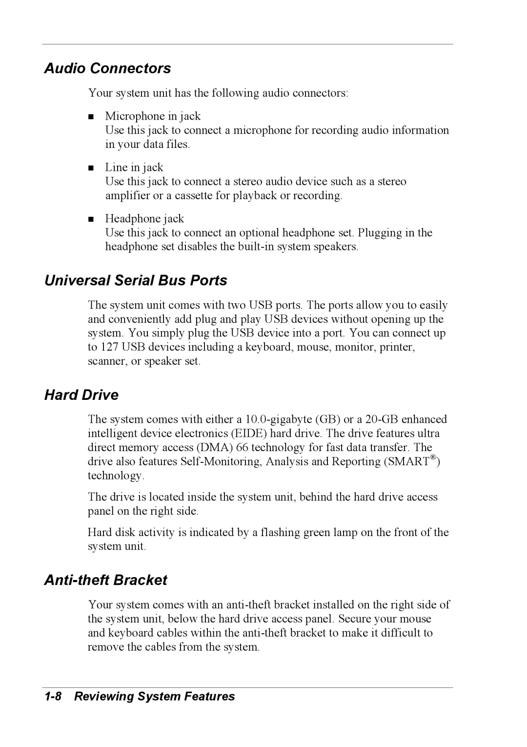 NEC 2000 manual Audio Connectors, Universal Serial Bus Ports, Hard Drive, Anti-theft Bracket 