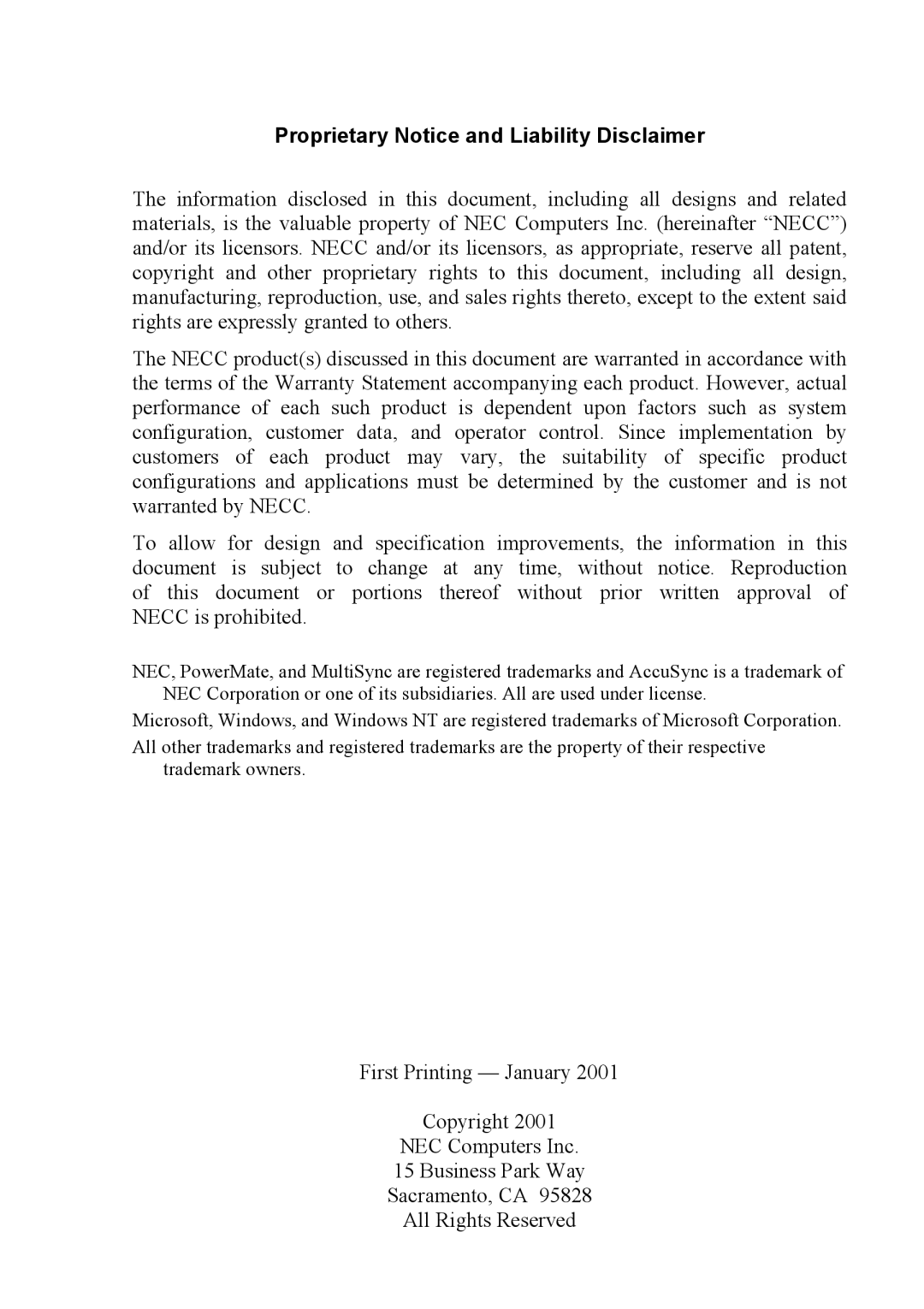 NEC 2000 manual Proprietary Notice and Liability Disclaimer 