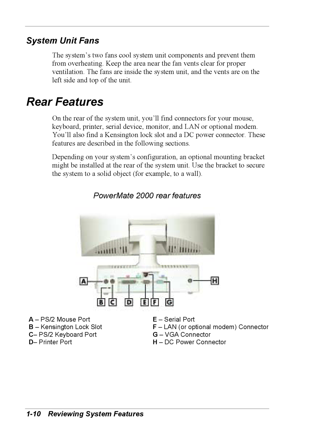 NEC 2000 manual Rear Features, System Unit Fans 