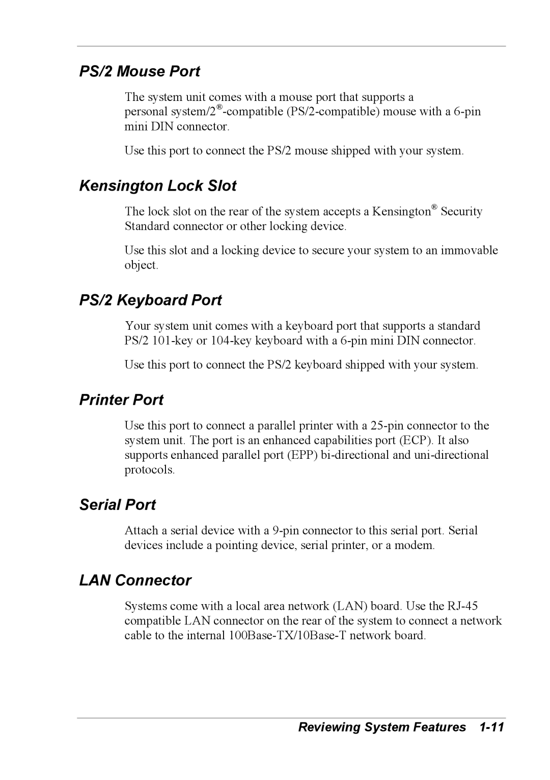 NEC 2000 manual PS/2 Mouse Port, Kensington Lock Slot, PS/2 Keyboard Port, Printer Port, Serial Port, LAN Connector 