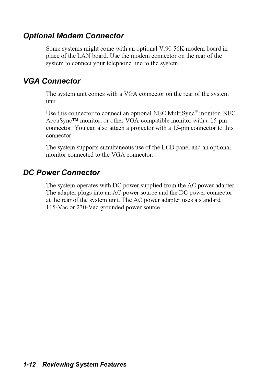 NEC 2000 manual Optional Modem Connector, VGA Connector, DC Power Connector 