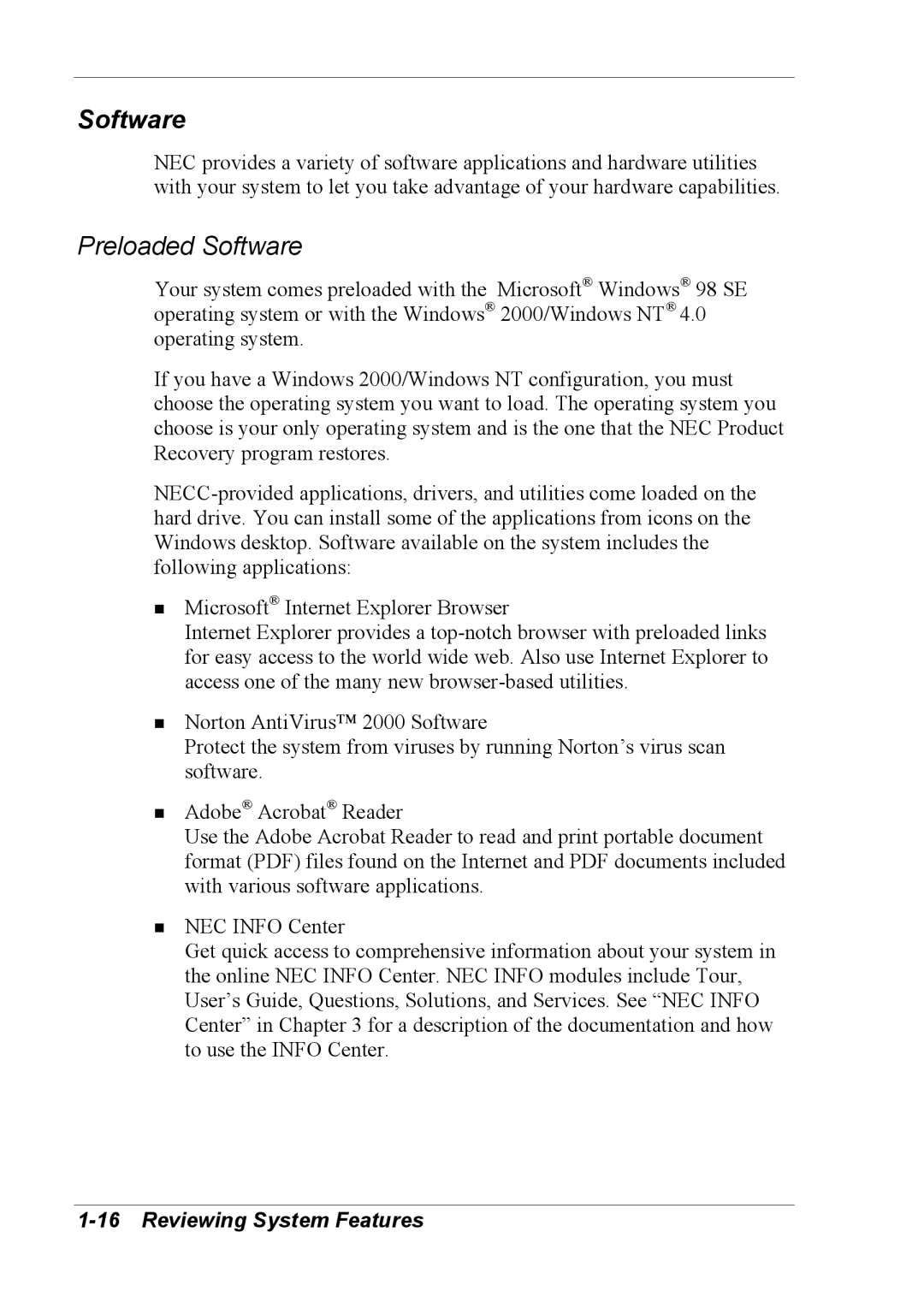 NEC 2000 manual Preloaded Software 