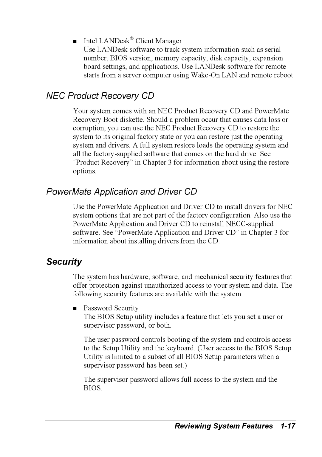 NEC 2000 manual NEC Product Recovery CD, Security 