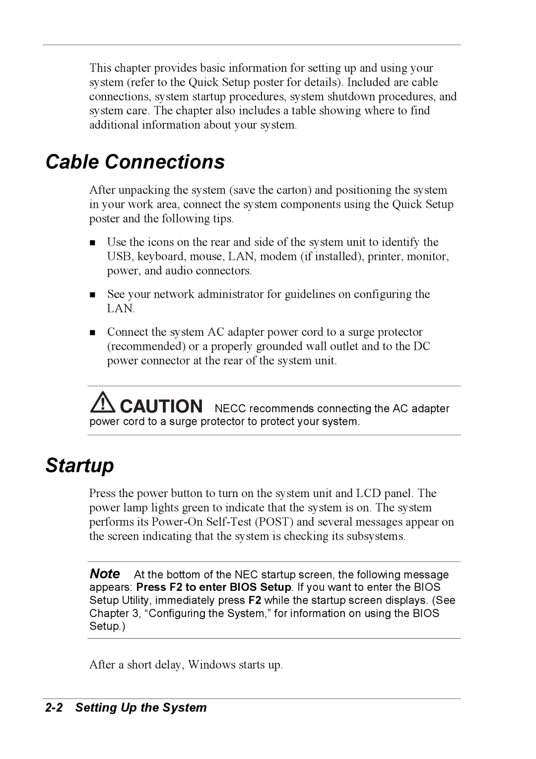 NEC 2000 manual Cable Connections, Startup, Setting Up the System 