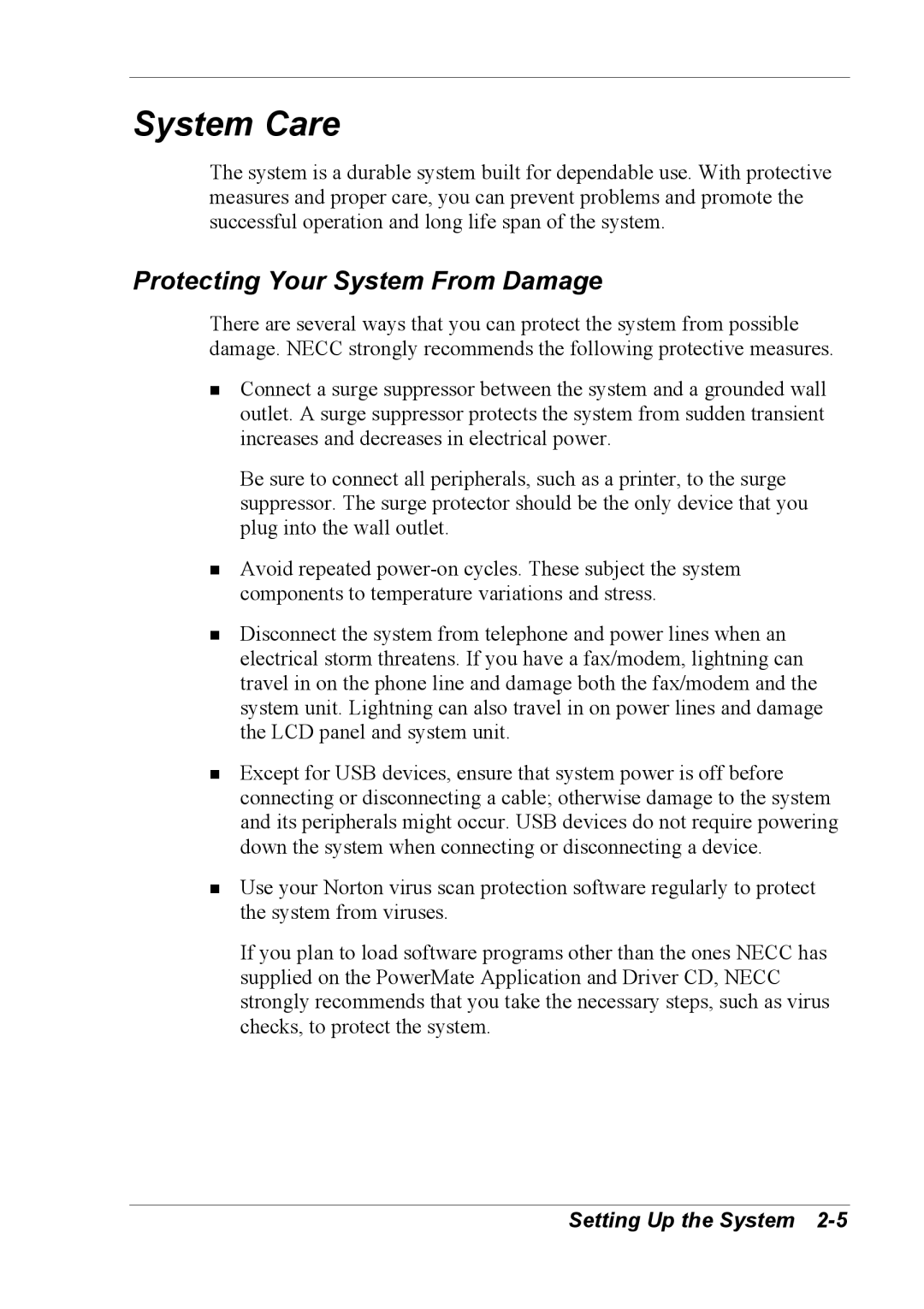 NEC 2000 manual System Care, Protecting Your System From Damage 