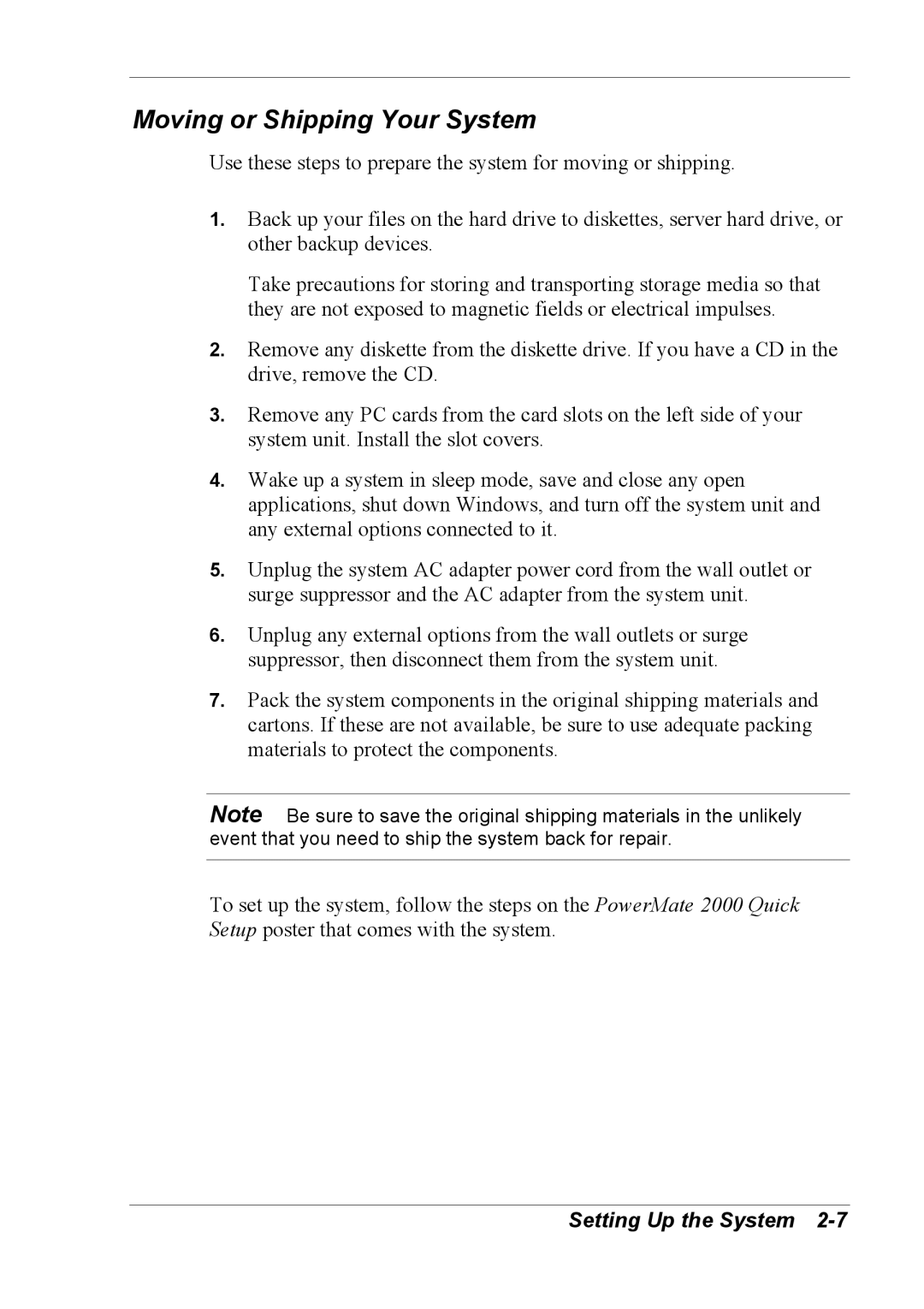 NEC 2000 manual Moving or Shipping Your System 