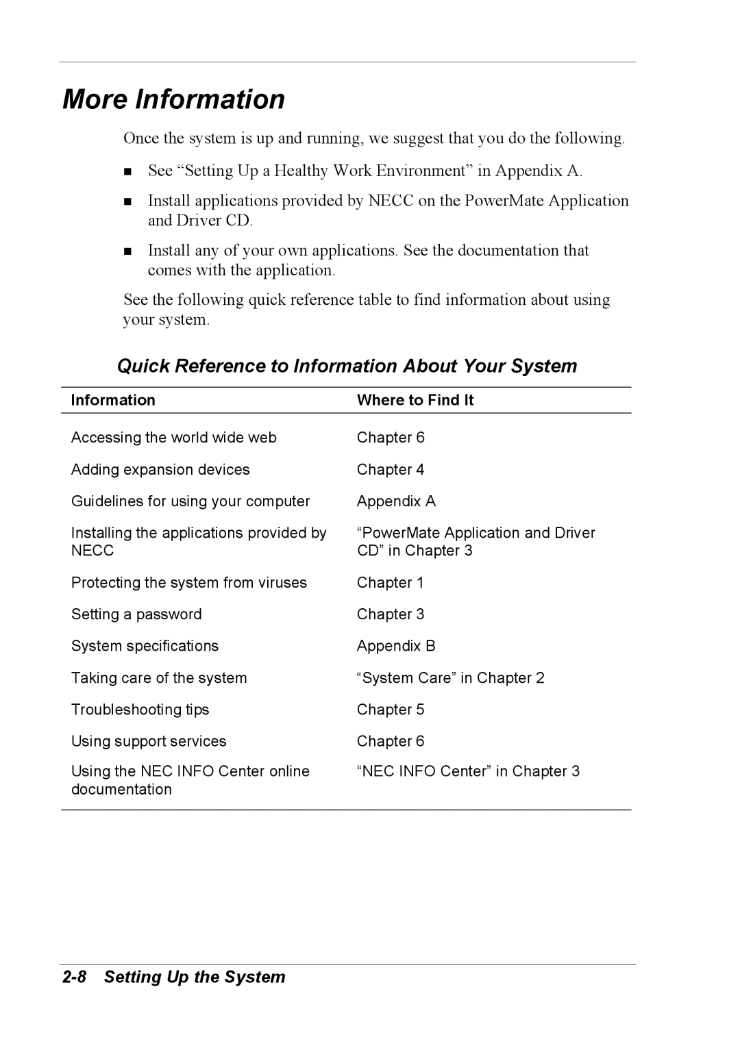 NEC 2000 manual More Information, Quick Reference to Information About Your System 