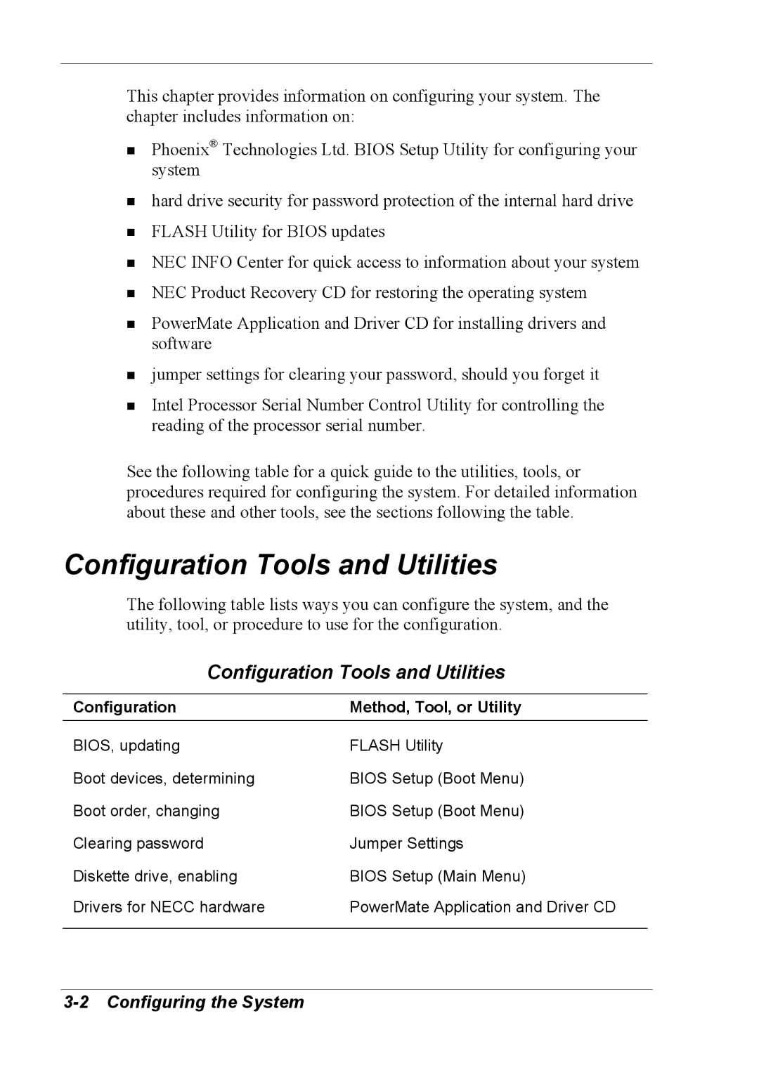 NEC 2000 manual Configuration Tools and Utilities, Configuring the System 