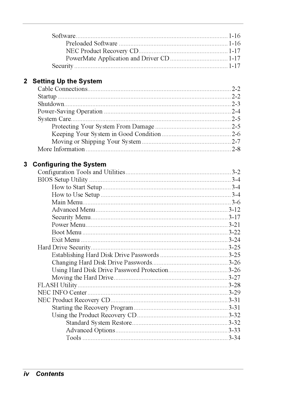 NEC 2000 manual Iv Contents 