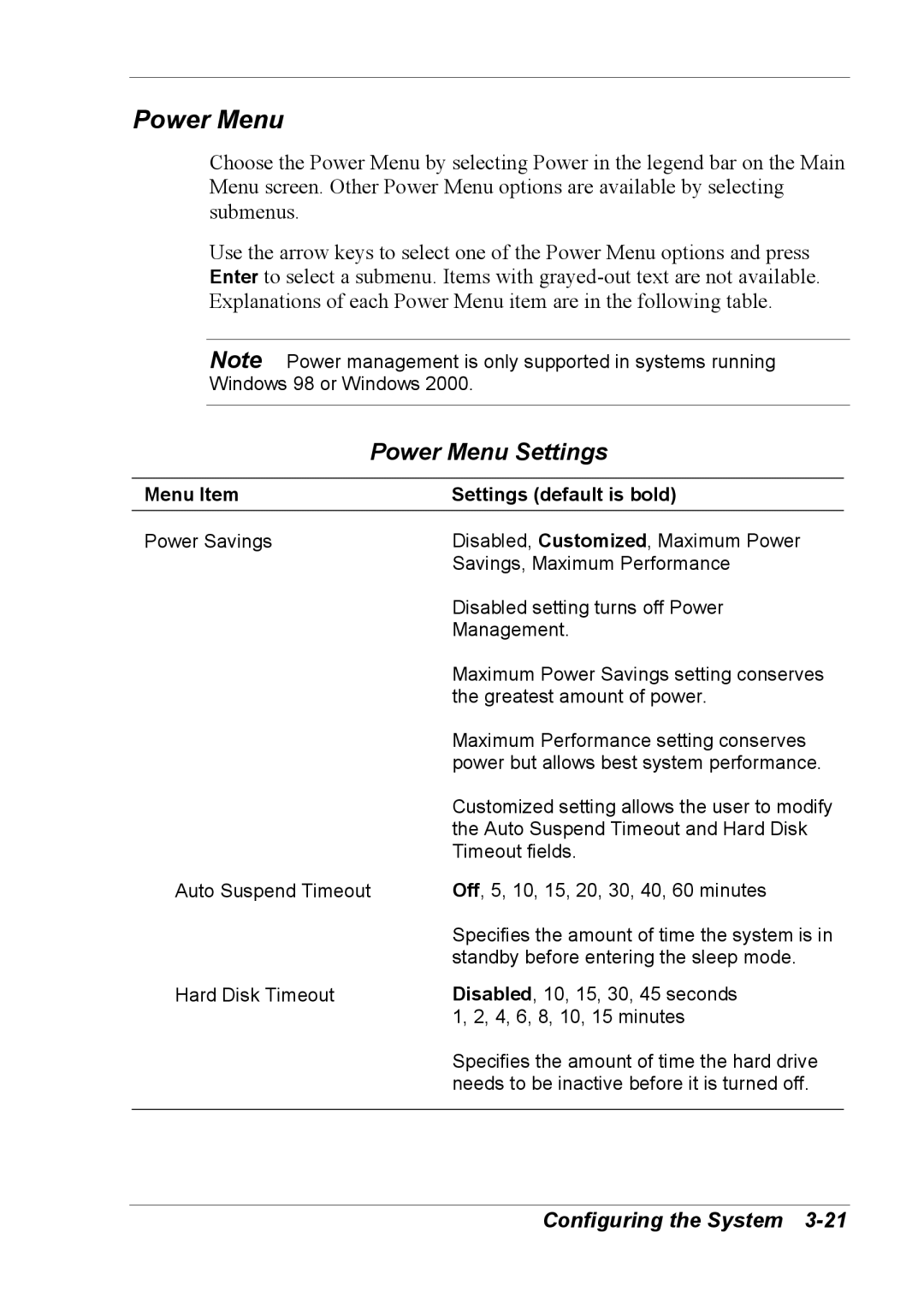 NEC 2000 manual Power Menu Settings 