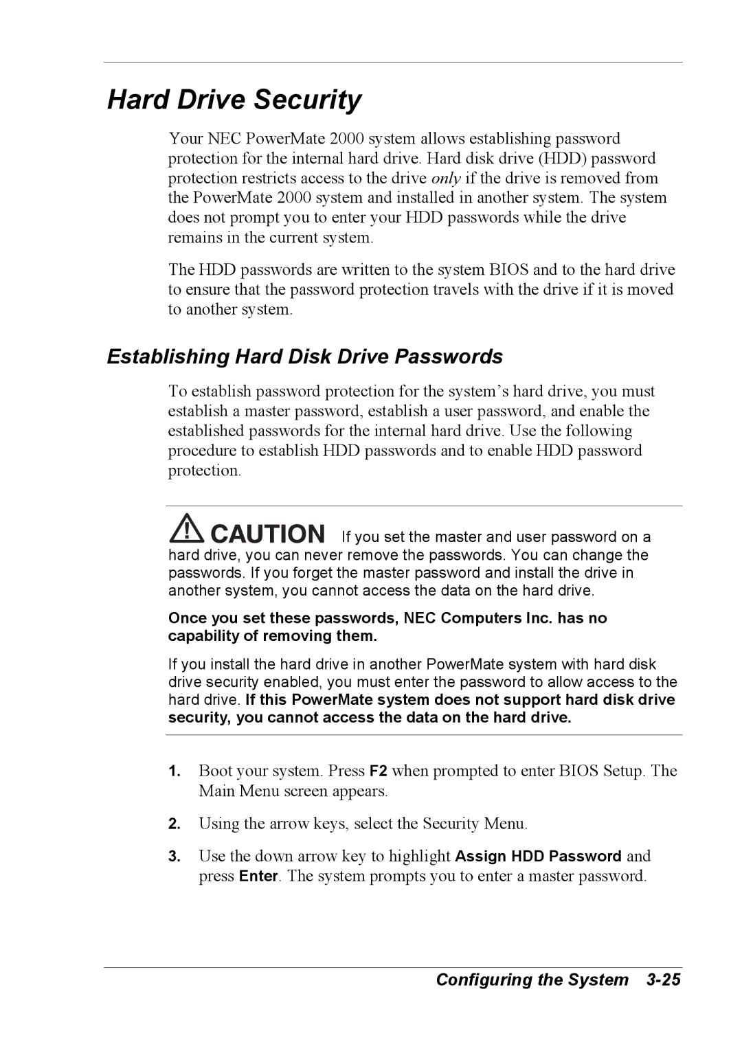 NEC 2000 manual Hard Drive Security, Establishing Hard Disk Drive Passwords 