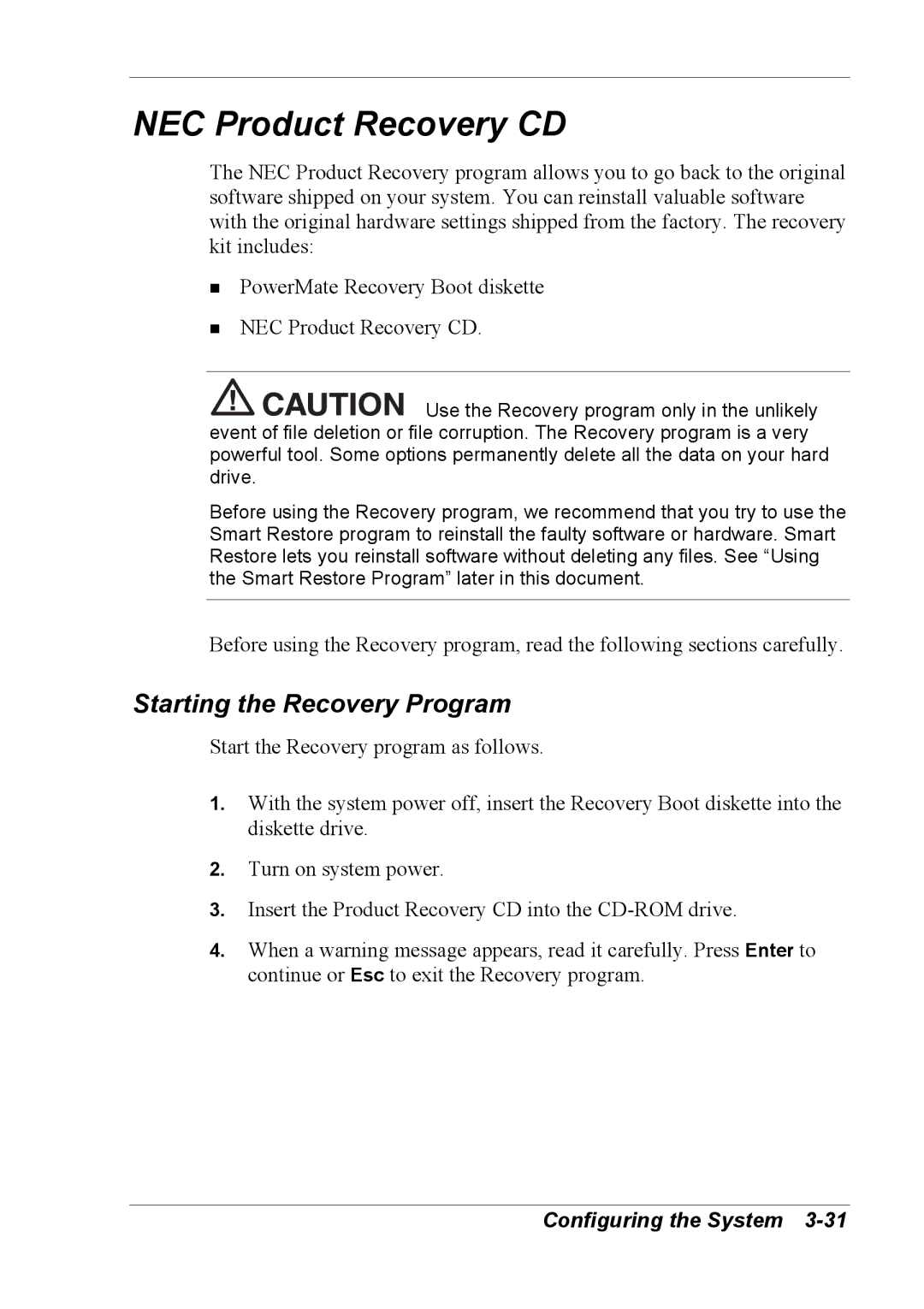 NEC 2000 manual NEC Product Recovery CD, Starting the Recovery Program 