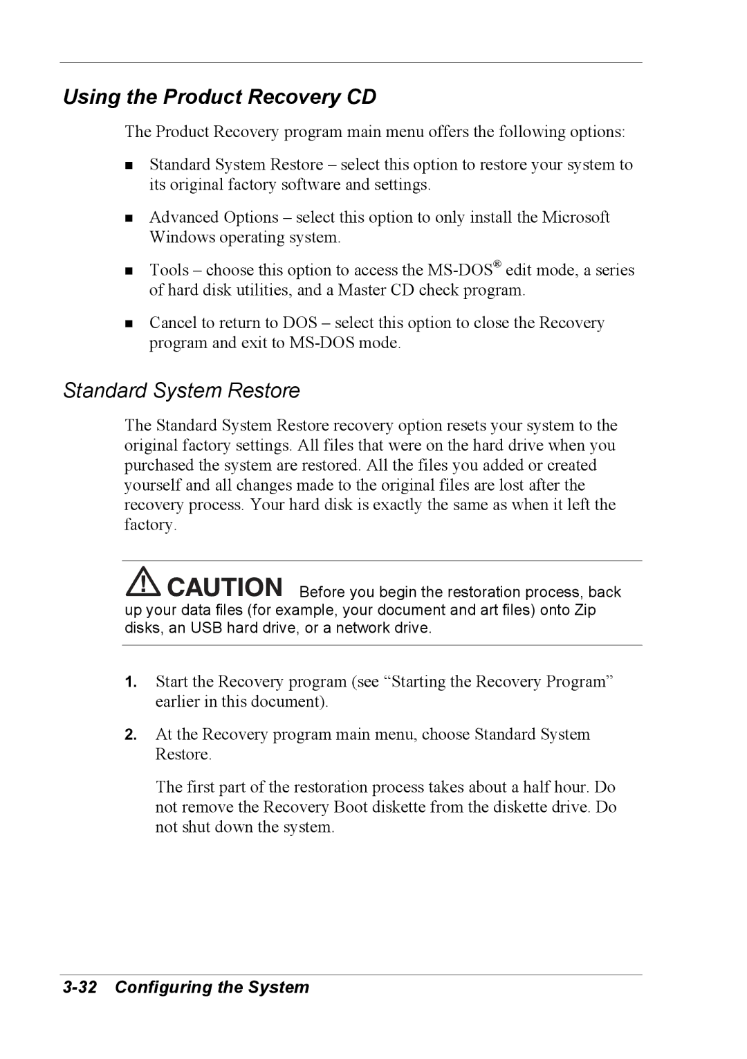 NEC 2000 manual Using the Product Recovery CD, Standard System Restore 