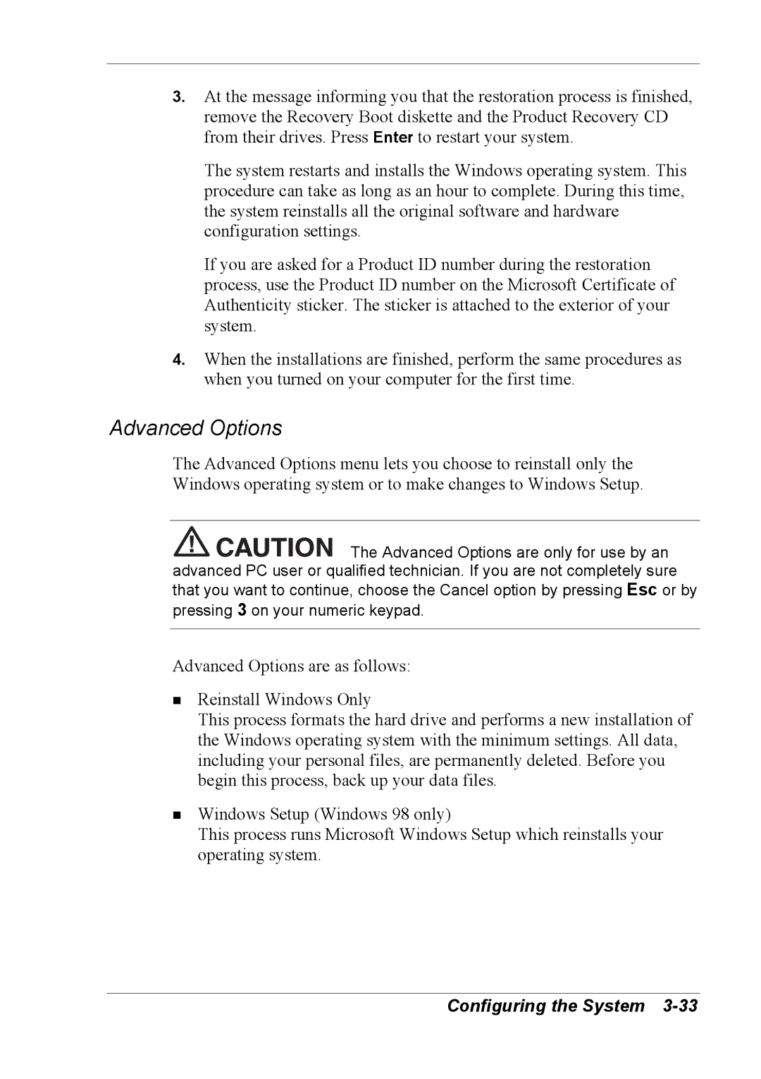 NEC 2000 manual Advanced Options 