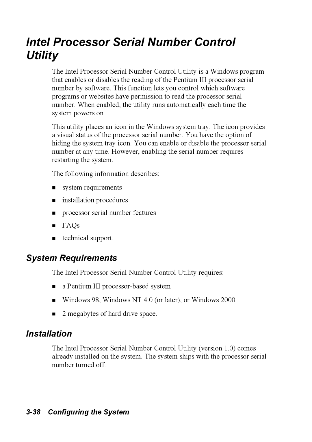 NEC 2000 manual Intel Processor Serial Number Control Utility, System Requirements, Installation 