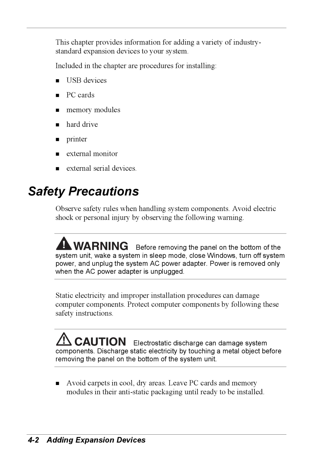 NEC 2000 manual Safety Precautions, Adding Expansion Devices 