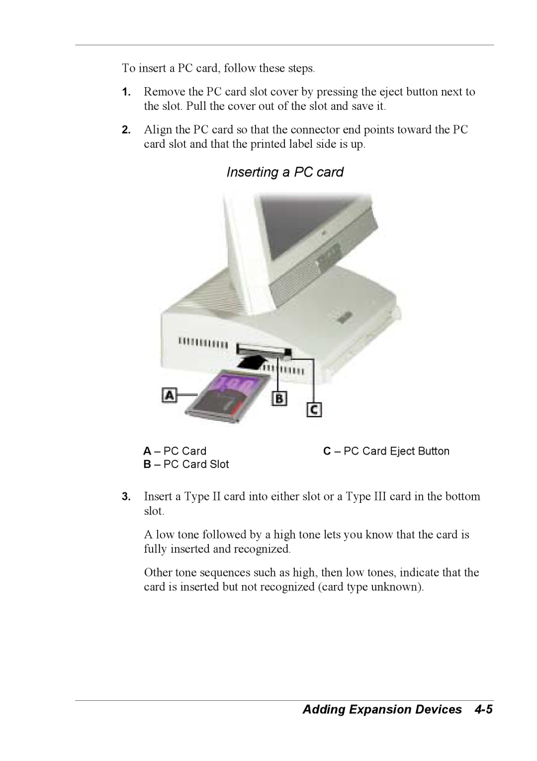 NEC 2000 manual Inserting a PC card 