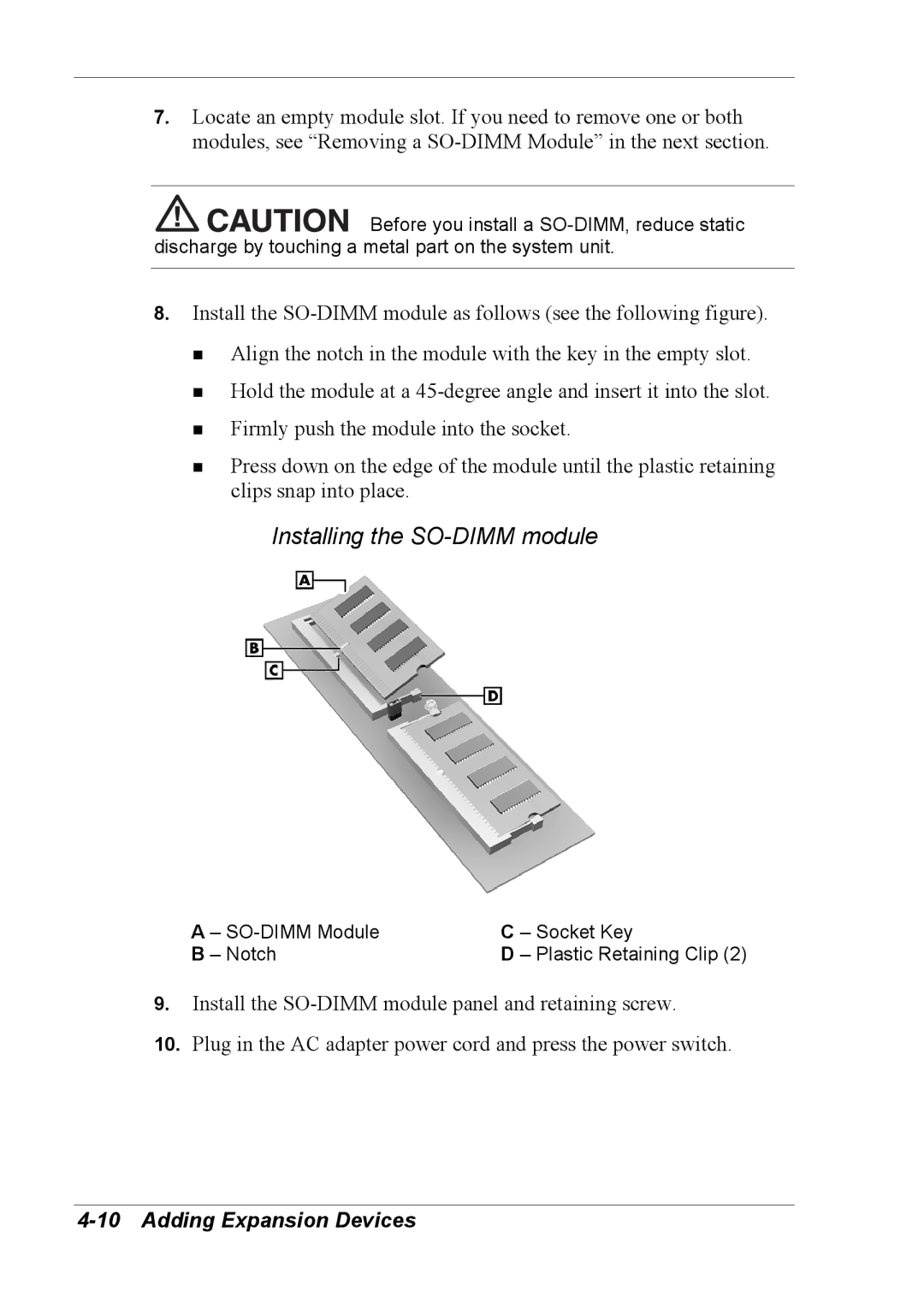 NEC 2000 manual Installing the SO-DIMM module 