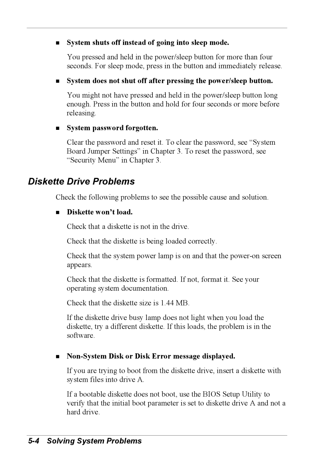 NEC 2000 manual Diskette Drive Problems, System shuts off instead of going into sleep mode 