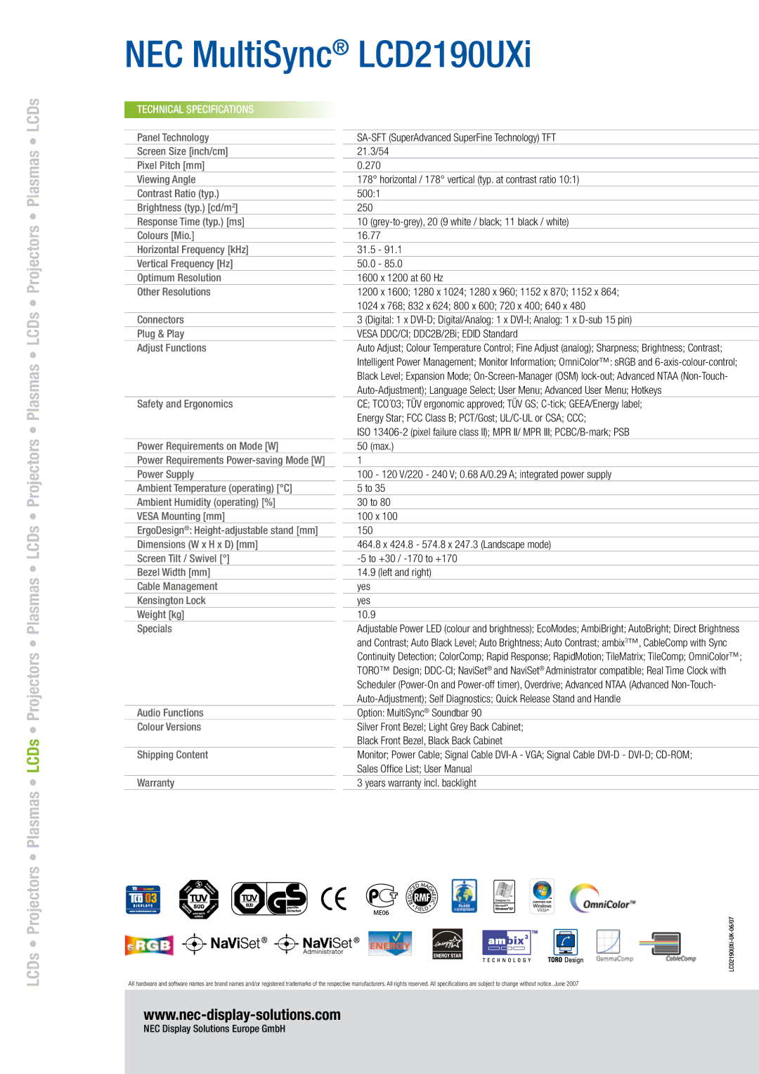 NEC 2190UXi manual Projectors Plasmas LCDs Projectors Plasmas LCDs Projectors, Technical Specifications 