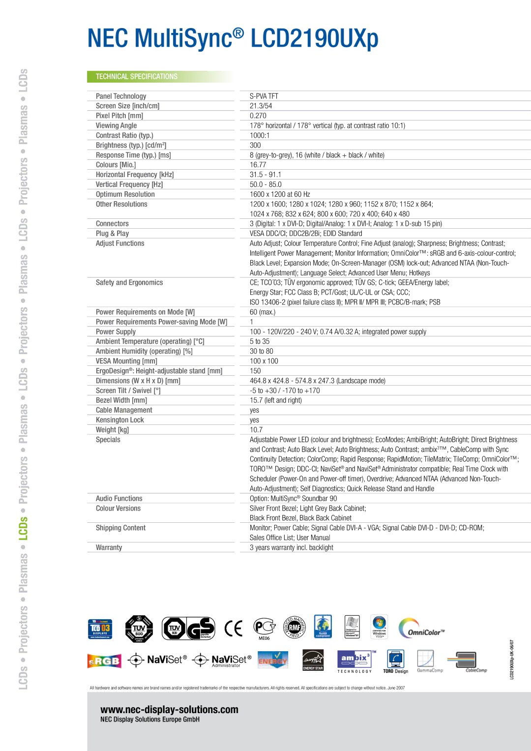 NEC 2190UXP manual Projectors Plasmas LCDs Projectors Plasmas LCDs Projectors, Technical Specifications, Pva Tft 