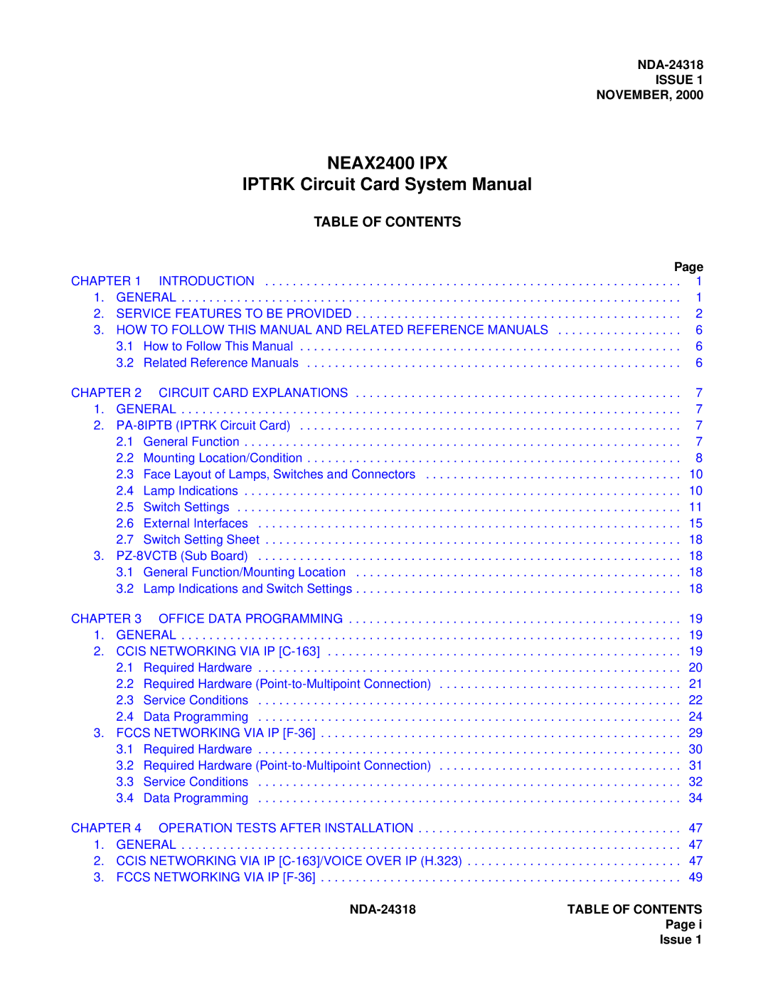 NEC 2400 ipx system manual NEAX2400 IPX, Table of Contents 