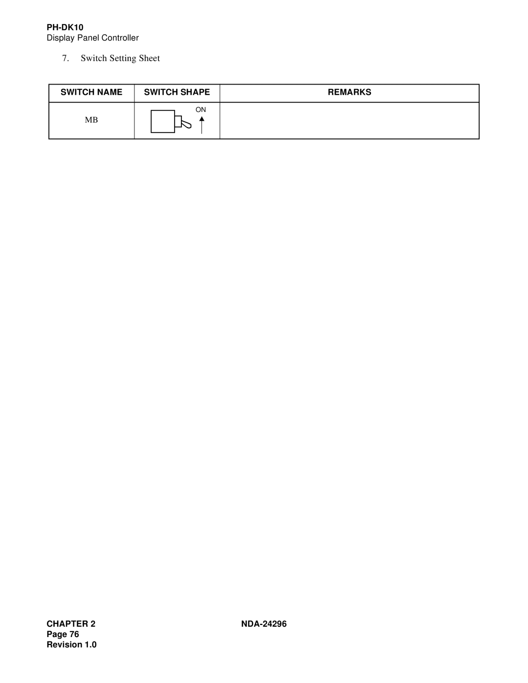 NEC 2400 ipx manual Switch Name Switch Shape Remarks Chapter 