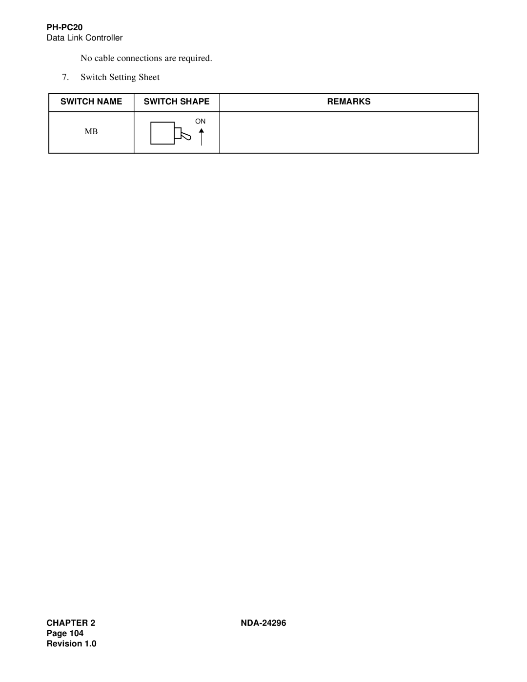 NEC 2400 ipx manual No cable connections are required Switch Setting Sheet 