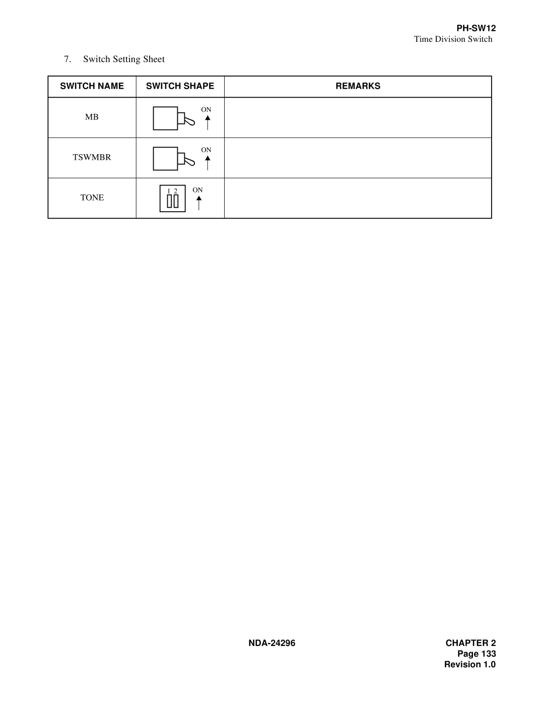 NEC 2400 ipx manual Switch Name Switch Shape Remarks, Tswmbr Tone 