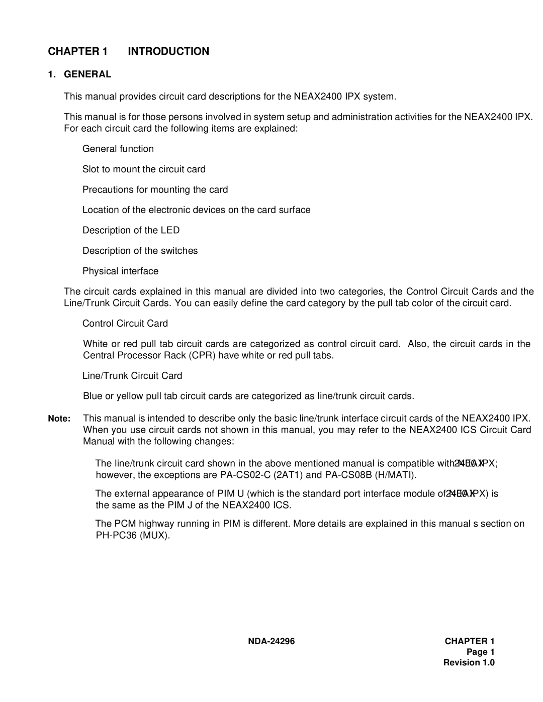 NEC 2400 ipx manual Introduction, NDA-24296CHAPTER 