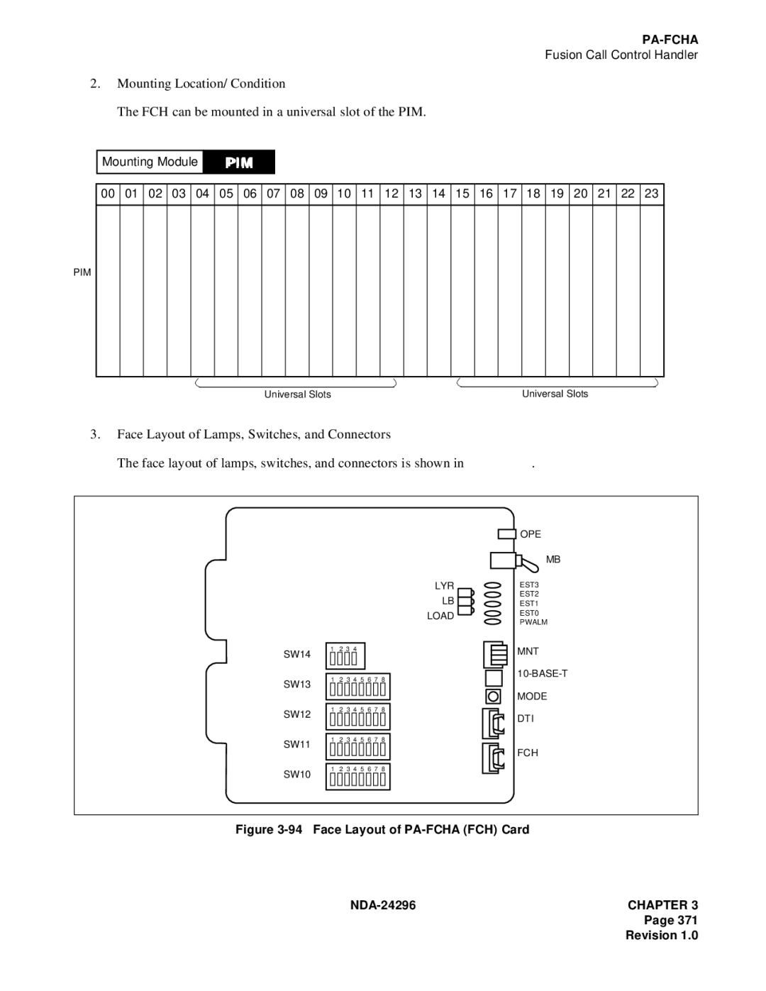 NEC 2400 ipx manual Face Layout of PA-FCHA FCH Card 