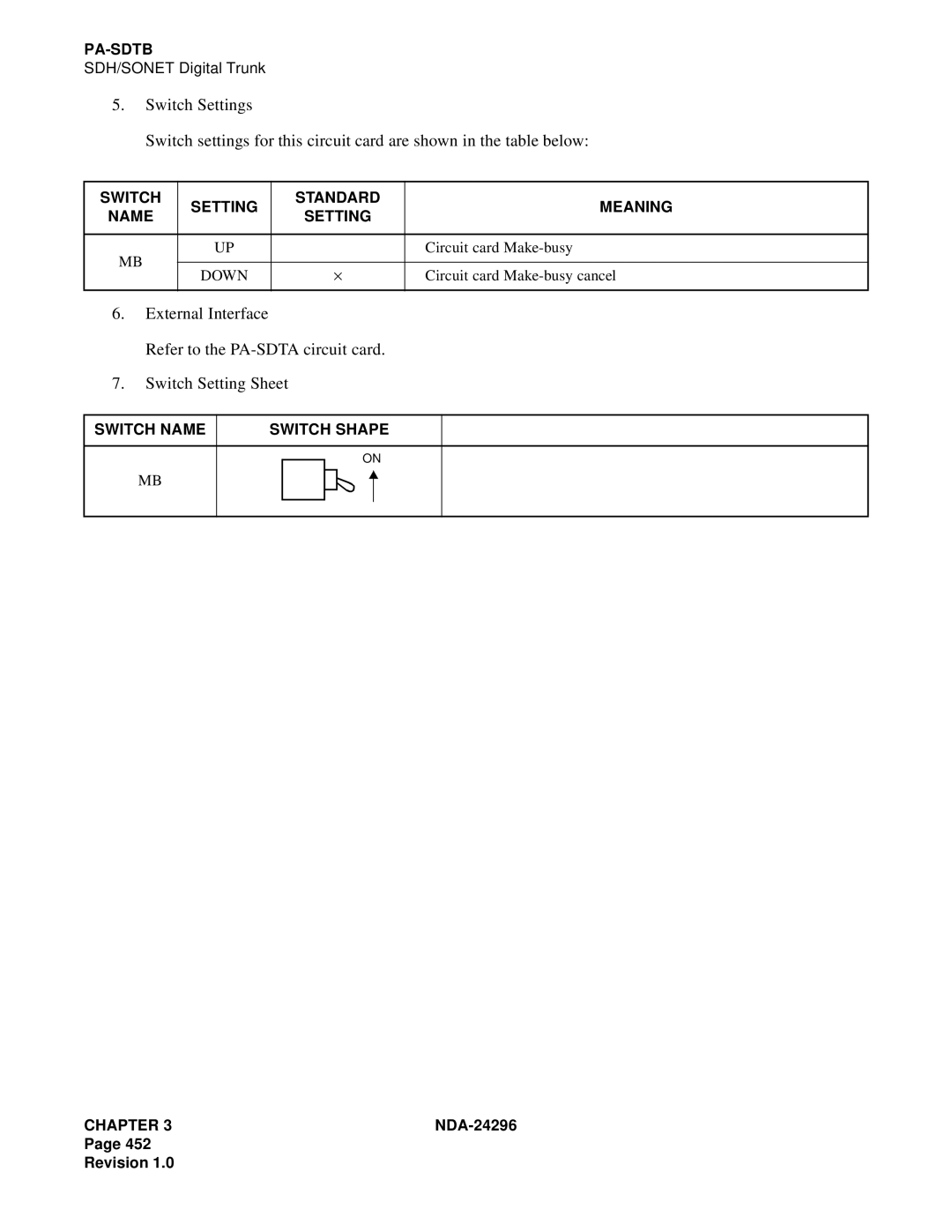 NEC 2400 ipx manual Switch Setting Standard Meaning Name, Switch Name Switch Shape Chapter 