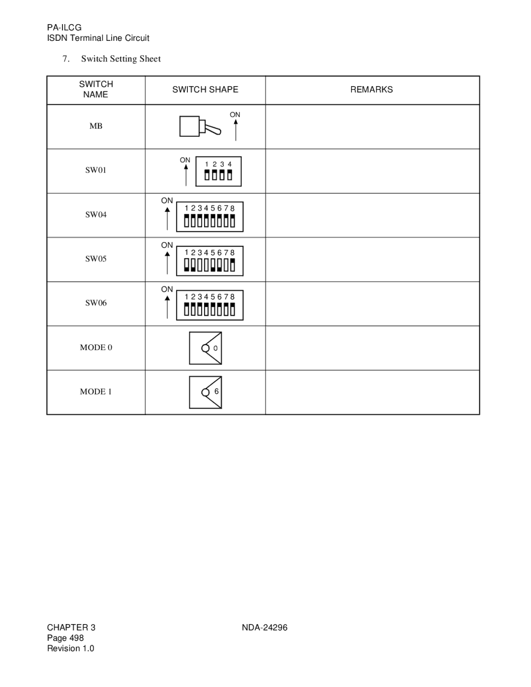 NEC 2400 ipx manual Switch Setting Sheet 