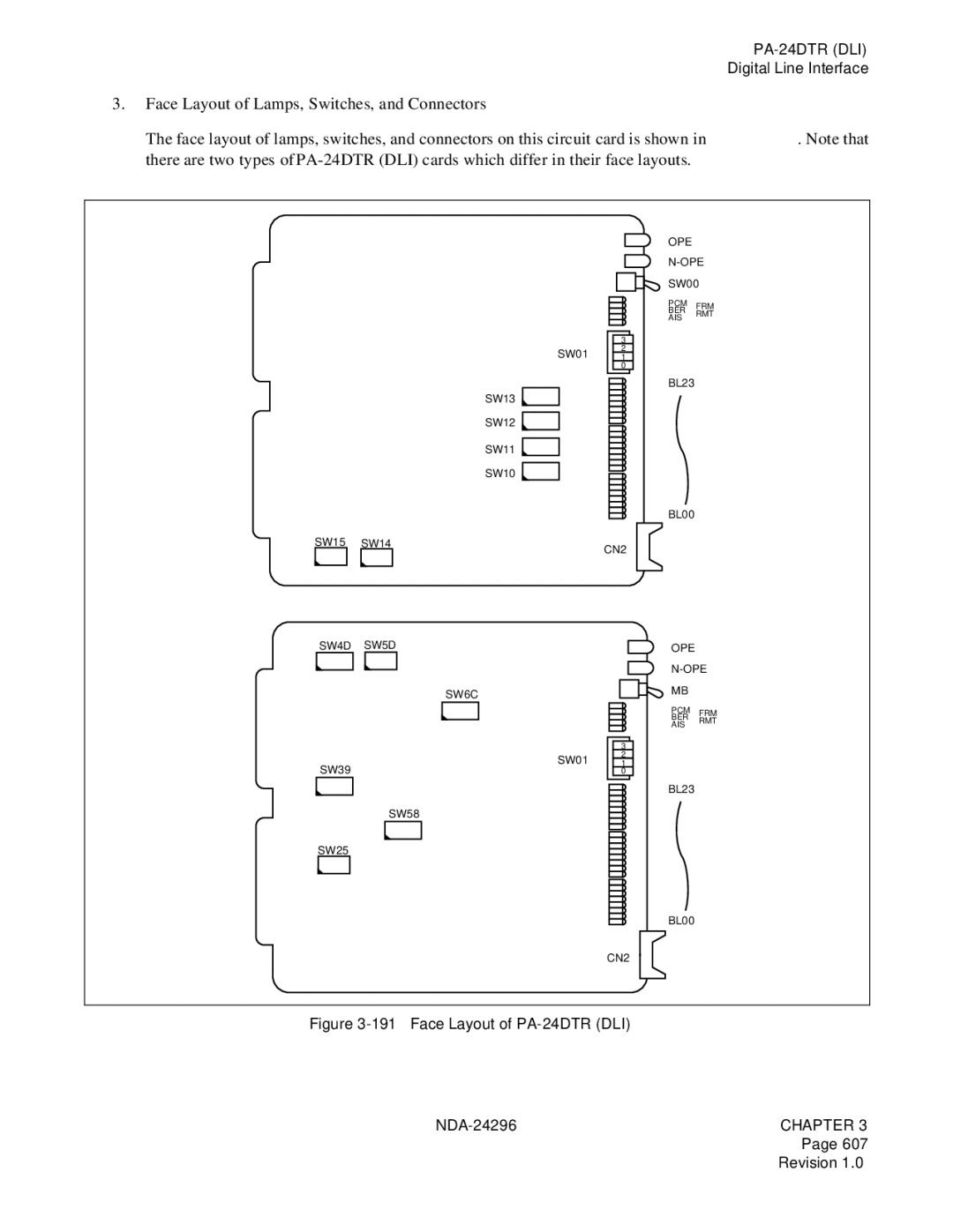 NEC 2400 ipx manual Face Layout of PA-24DTR DLI 