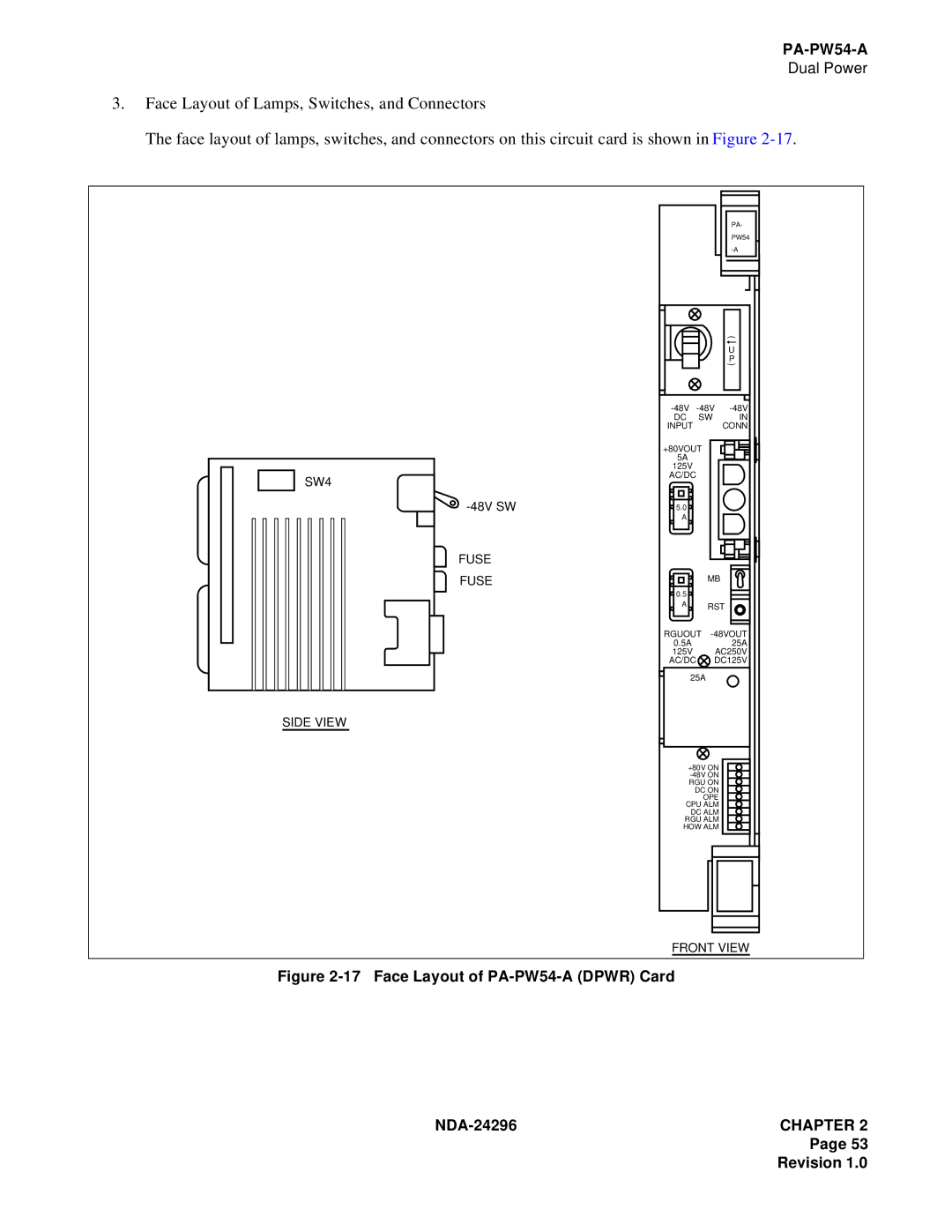 NEC 2400 ipx manual Face Layout of PA-PW54-A Dpwr Card 