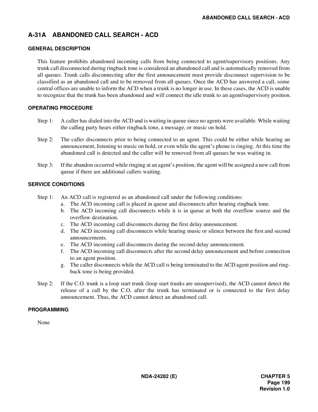NEC 2400IMX system manual 31A Abandoned Call Search ACD, None 