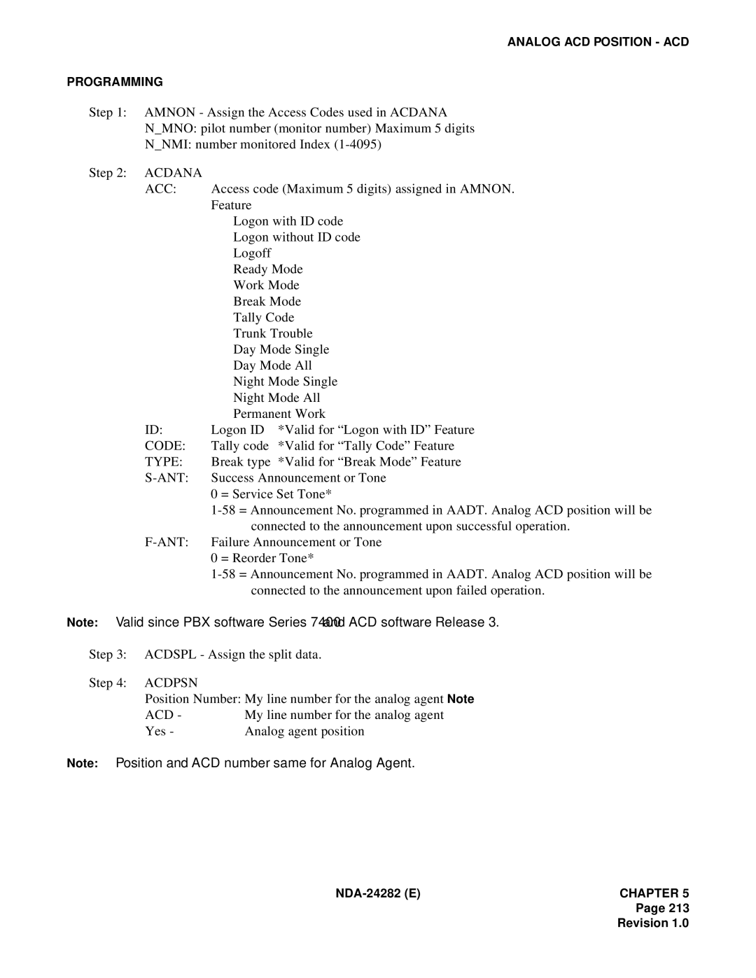 NEC 2400IMX system manual Acdana ACC, Code, Type, Ant 