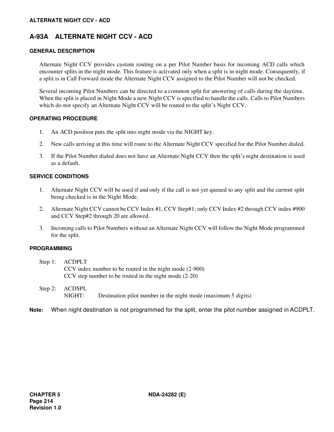 NEC 2400IMX system manual 93A Alternate Night CCV ACD, Acdspl Night 