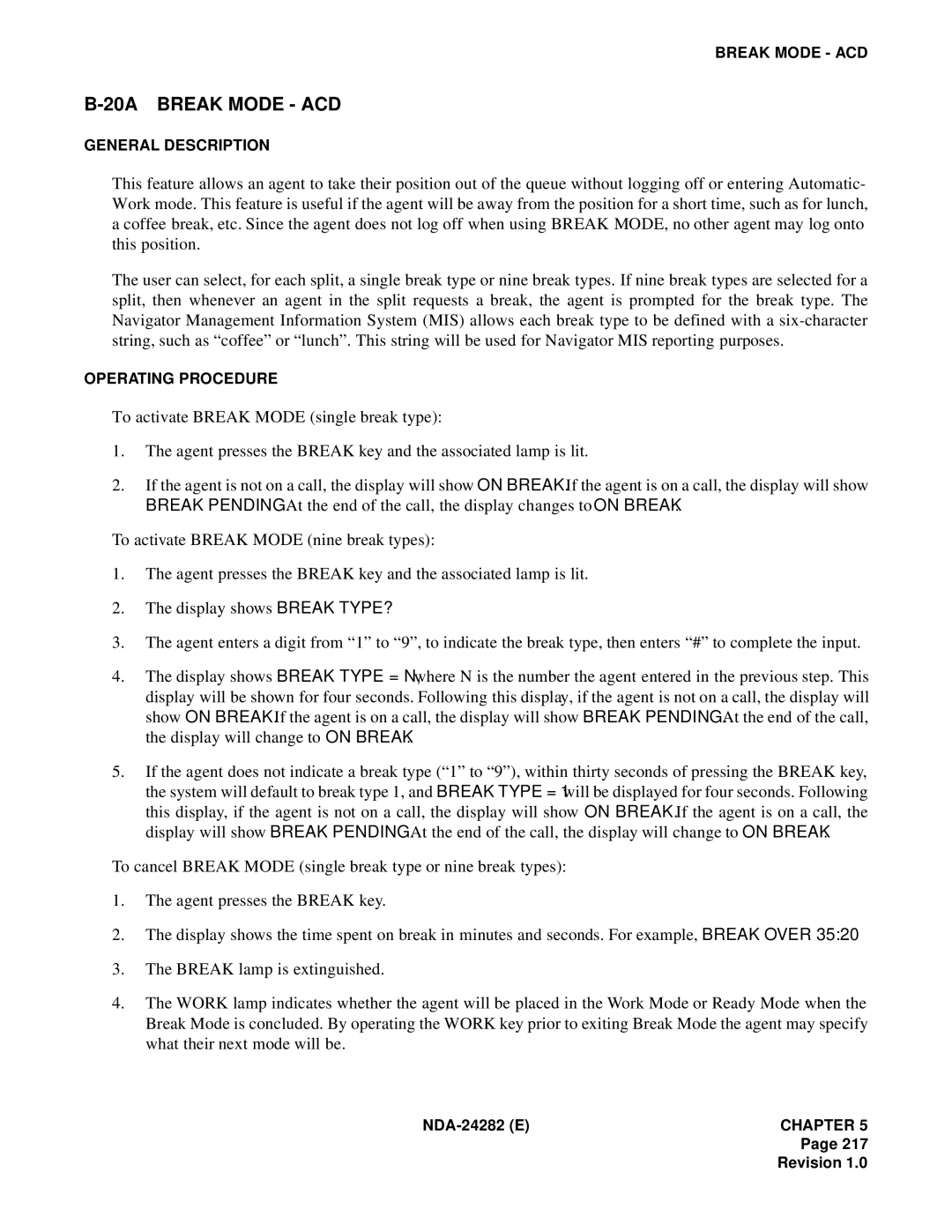 NEC 2400IMX system manual 20A Break Mode ACD 