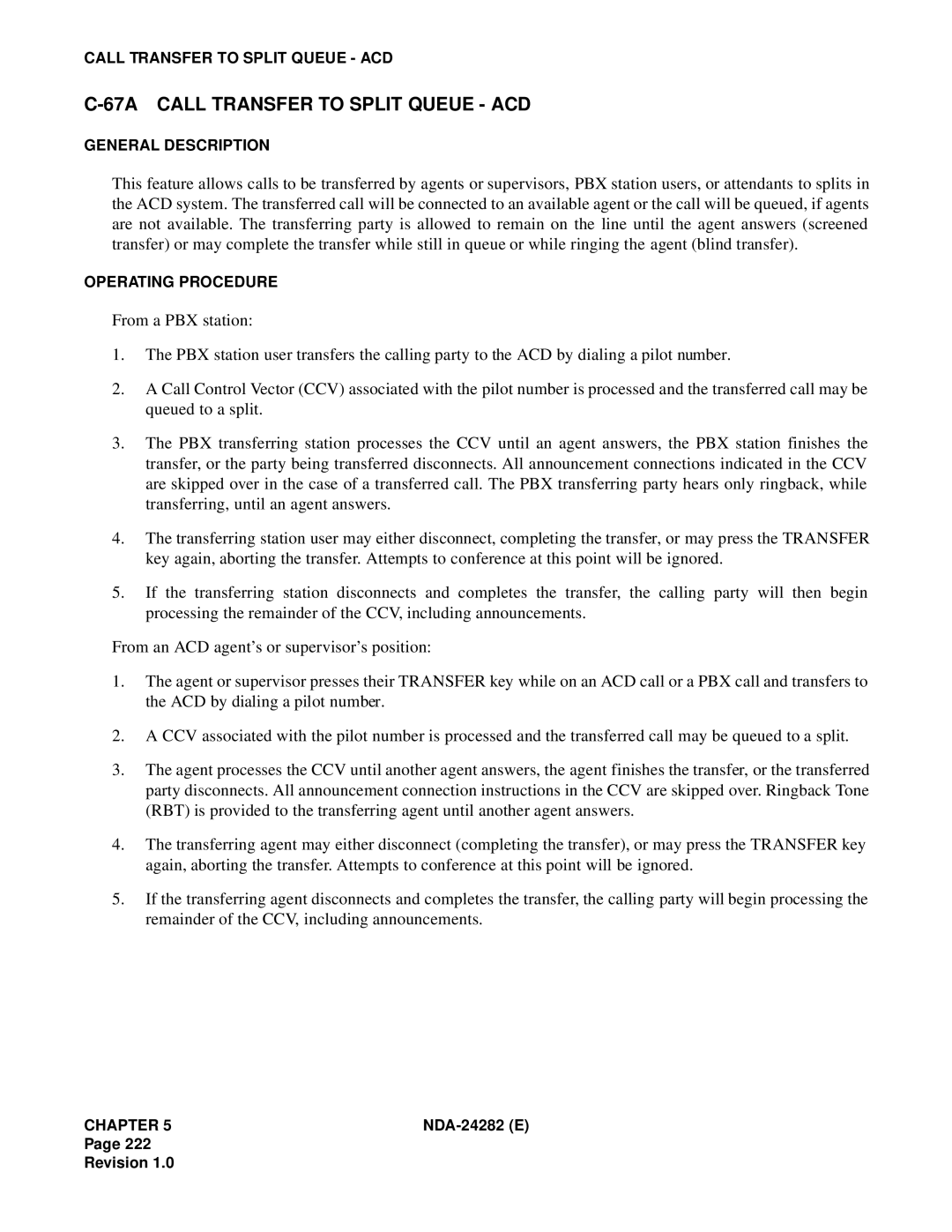 NEC 2400IMX system manual 67A Call Transfer to Split Queue ACD 