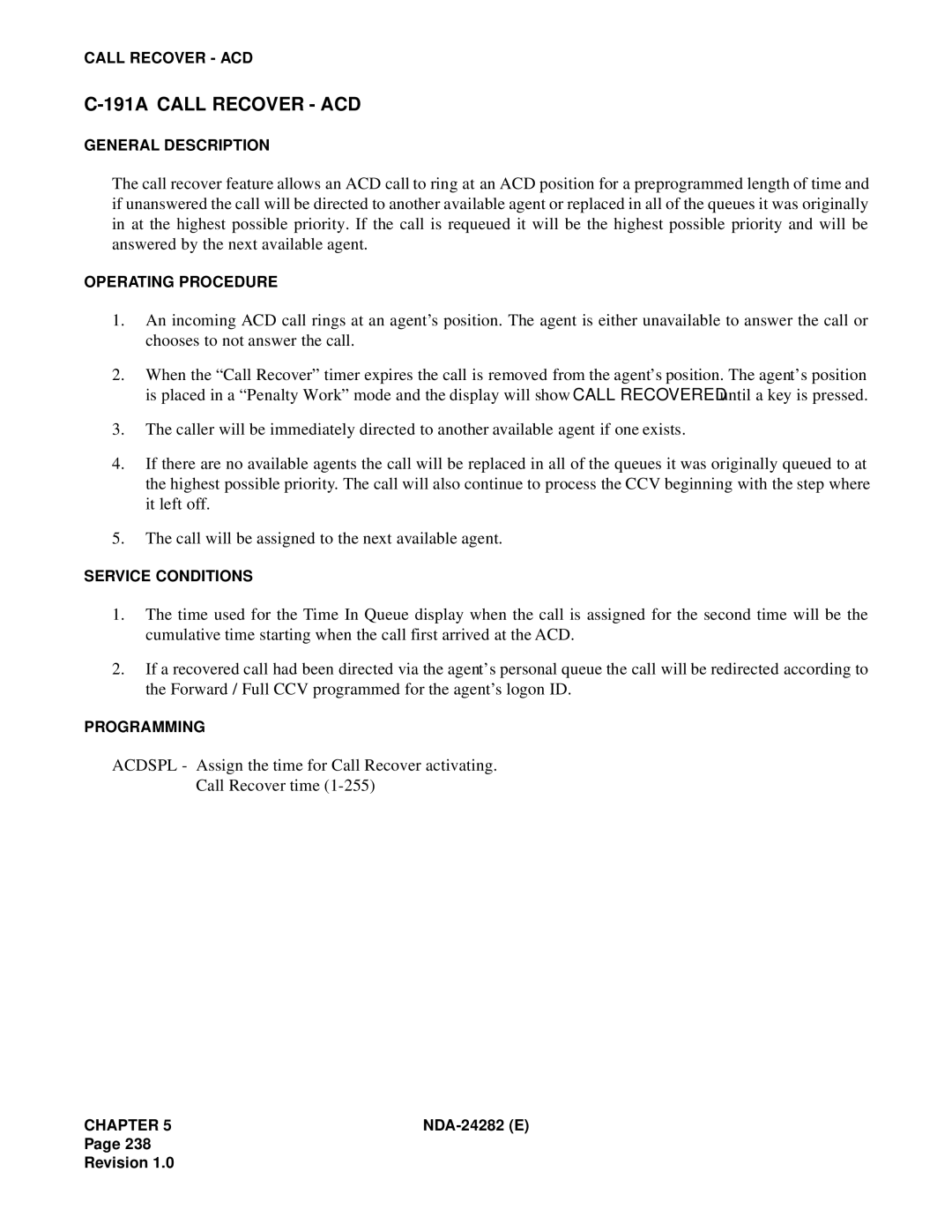 NEC 2400IMX system manual 191A Call Recover ACD 